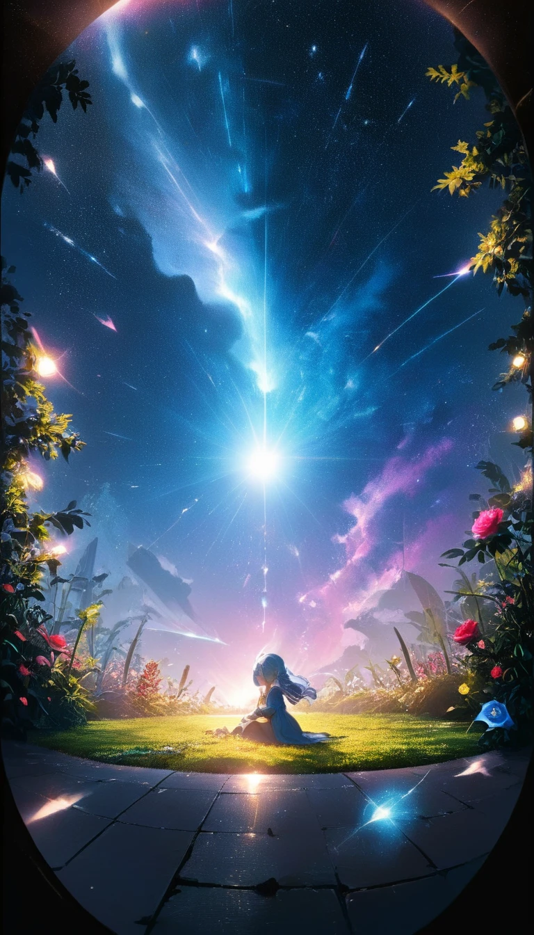 masterpiece, Concept Art, Panorama, in the center, shape, Wide Shot, garden, night, (meteor), Space galaxy background, (Great composition, Epic scale), Dynamic Lighting, Bright colors, Blue rose,landscape longeyelashes, solid circle eyes, silver hair, half-closed eyes, sad, drop shadow, anaglyph, stereogram, tachi-e, atmospheric perspective, wide shot, reflection light, 8K, super detail, best quality, anatomically correct