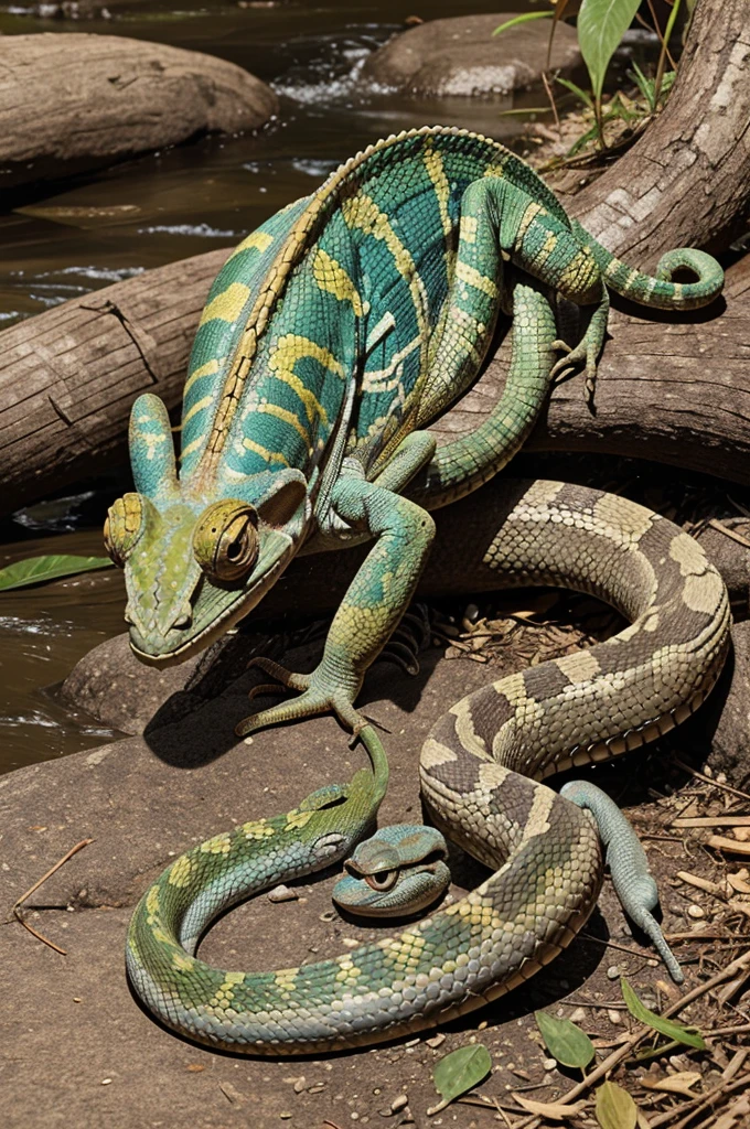 Chameleon and Snake by the River**: A chameleon with a package under its arm, encountering a snake near a riverbank. The snake could be depicted as sly and cunning, engaging the chameleon in conversation.