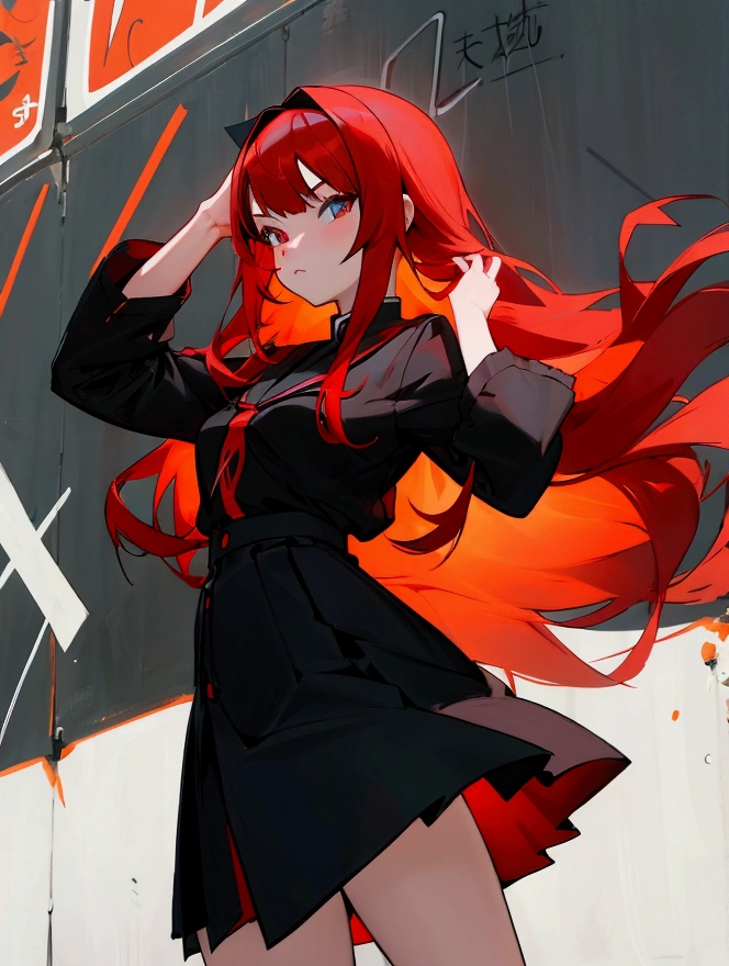 Anime girl with red hair and black skirt in front of OL occupation graffiti wall, Long hair动漫女孩, She has long reddish-orange hair., Attractive anime girl, Anime girl in black dress, Beautiful anime girl, Charming anime girl, Beautiful anime woman, 红色及腰Long hair, Anime style 4k, Ilya Kuvshinov(Ilya Kuvshinov)Long hair, Red-haired goddess