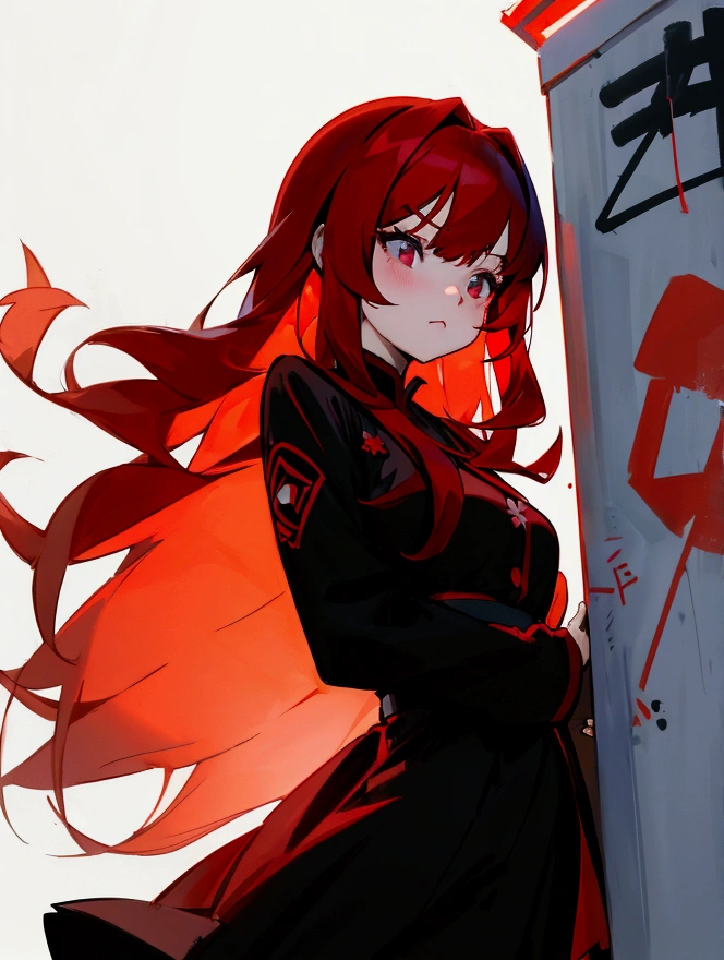 Anime girl with red hair and black skirt in front of OL occupation graffiti wall, Long hair动漫女孩, She has long reddish-orange hair., Attractive anime girl, Anime girl in black dress, Beautiful anime girl, Charming anime girl, Beautiful anime woman, 红色及腰Long hair, Anime style 4k, Ilya Kuvshinov(Ilya Kuvshinov)Long hair, Red-haired goddess