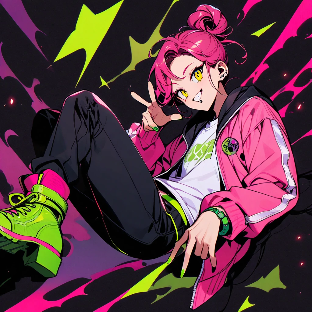 (well done: 1) man, dark pink long curly hair tied in a bun, yellow eyes, mouth piercing, green bracelet, green nails, white t-shirt with a symbol in the middle, pink jacket, black pants, high boots.