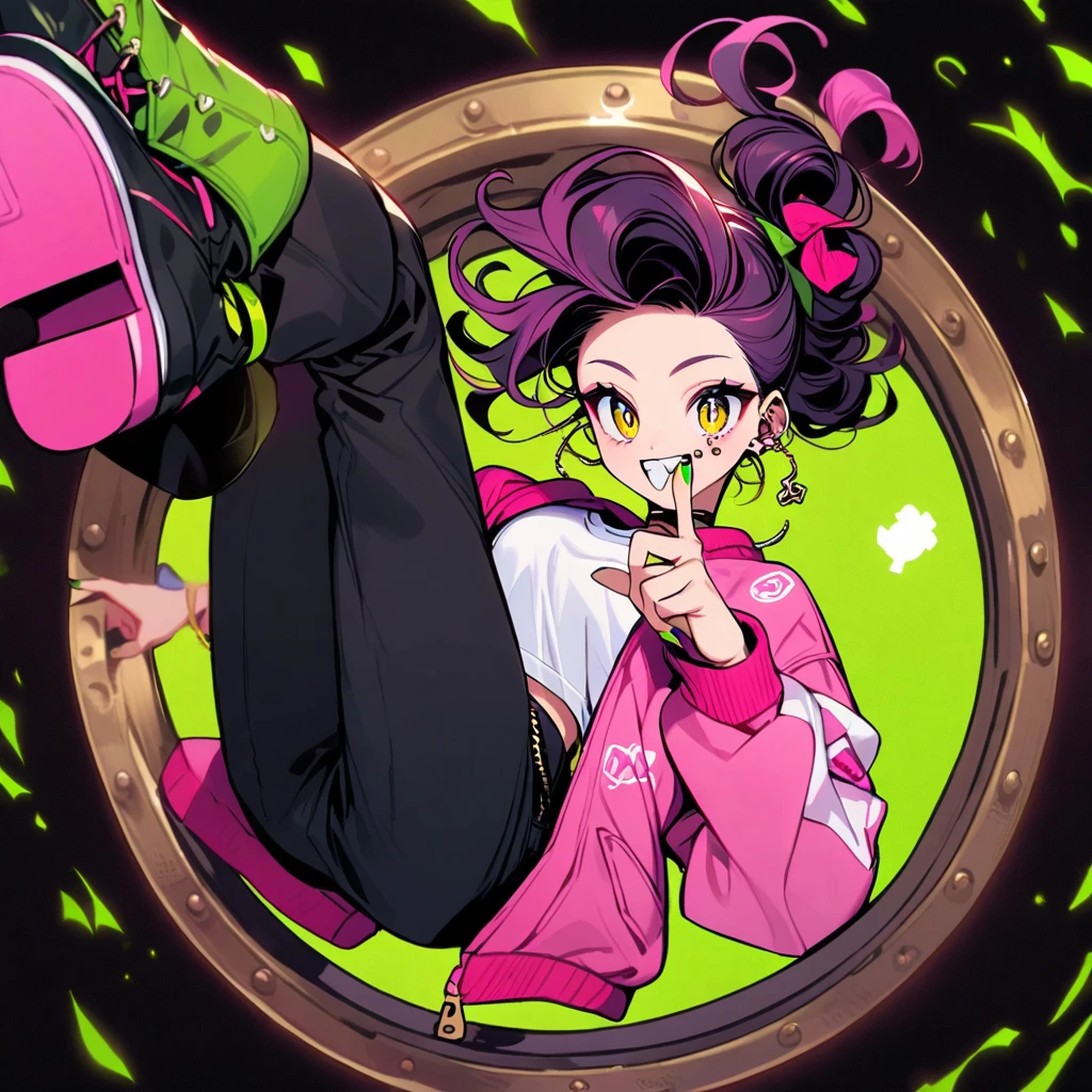 (well done: 1) man, dark pink long curly hair tied in a bun, yellow eyes, mouth piercing, green bracelet, green nails, white t-shirt with a symbol in the middle, pink jacket, black pants, high boots.