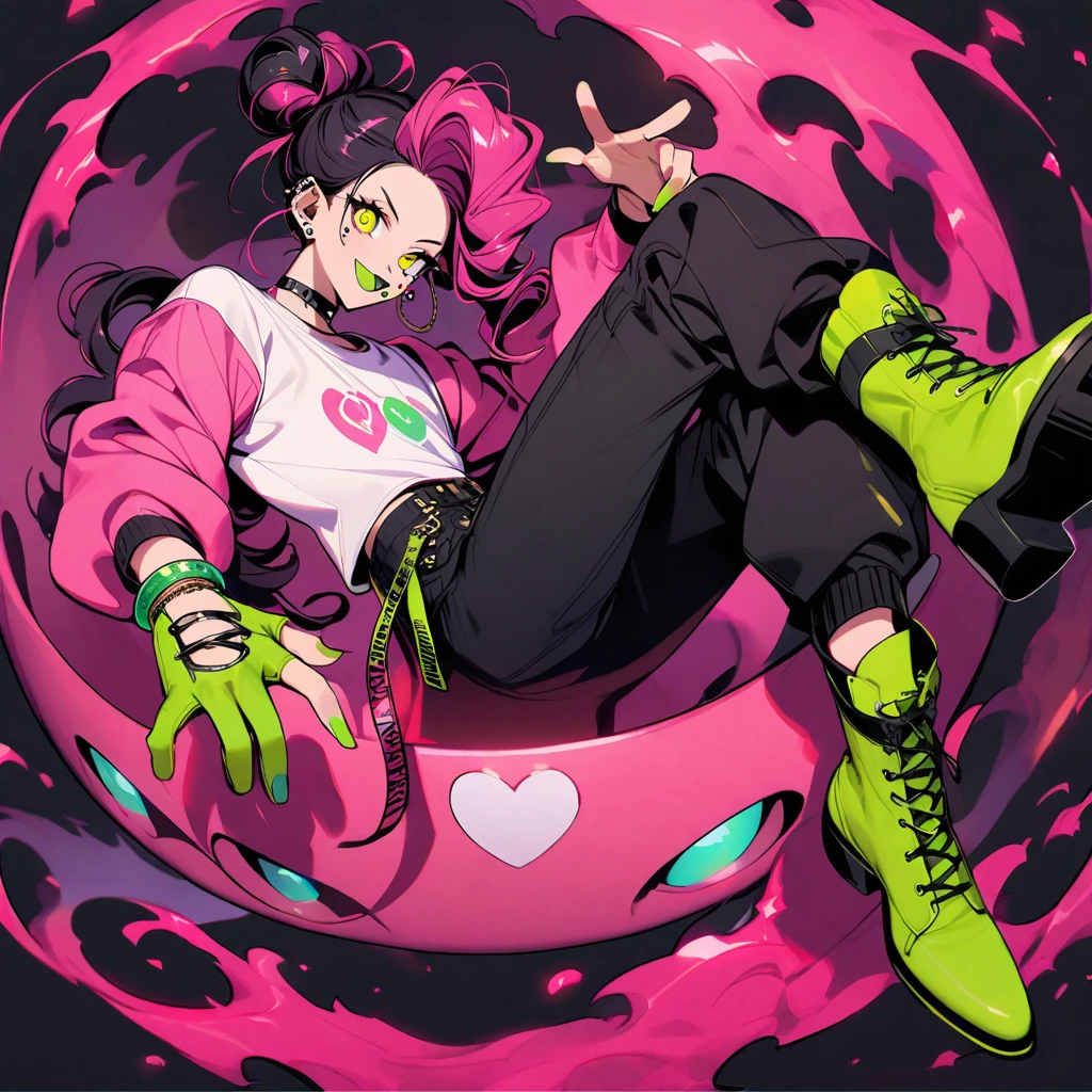 (well done: 1) man, dark pink long curly hair tied in a bun, yellow eyes, mouth piercing, green bracelet, green nails, white t-shirt with a symbol in the middle, pink jacket, black pants, high boots.