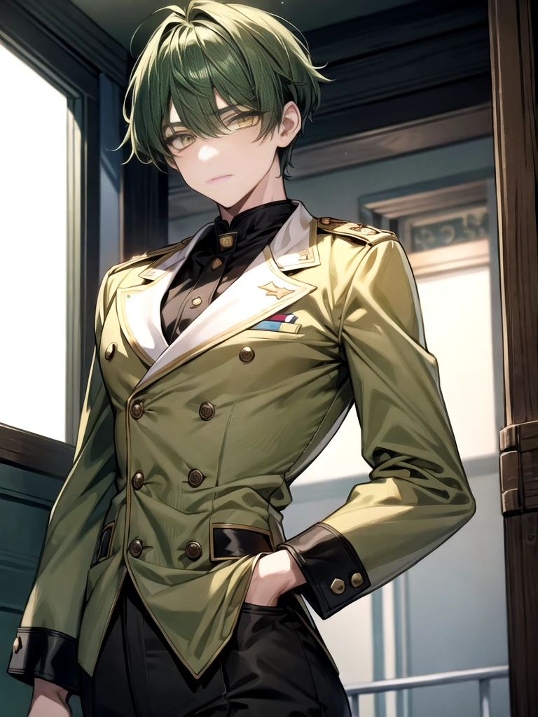 1boy, dark green hair, yellow eyes, double-breasted military jacket, crossdressing, fighter