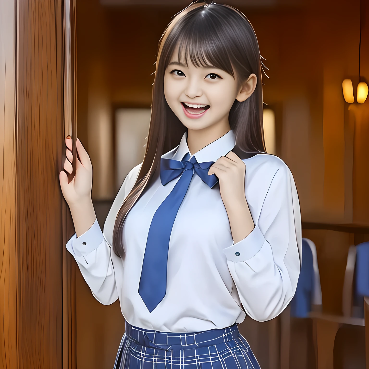 (Highest quality, masterpiece:1.2), Highest quality, High resolution, 1080P, 8K, height: 158cm, ((A noble and intelligent girl who looks like a cute Japanese young lady is giggling while magically hypnotizing the viewer)), ((So sweet, very noble, cute and pretty Japanese beautiful cute girl)), ((A real, very girly, sweet, cute and noble girl)), ((Many sacred beautiful woman dolls in the background)), ((((A 14 years old, smiling beautiful Japanese cute fashion model)))), ((((Very pure white face and limbs)))), Glossy Lips, (Evenly cut bangs), ((Very beautiful, smiling brown, droopy, cute, pure, noble eyes)), ((Super long, straight black hair that reaches the floor)), Very shiny, Glossy Lips, Open hand over open mouth, Beautiful straight hair like a hair model, Watch and laugh at your audience, ((Incredibly well organized, Rich facial expressions. Plump and beautiful white skin and face)), ((Pure, clear, gentle smiling eyes)), ((Smile at me)), Glossy Lips, ((Noble and elegant)), ((As the succubus charms you with her magic and giggles)), ((((Succubus is fascinating、Calling to the depths of eternity)))), Very beautiful blue skirt, ((Large upward-curving lips)), ((Look directly at the viewer)), White Hand, ((Navy Japanese School Blazer, Navy and sapphire blue Japanese school uniform tartan check pattern pleated long skirt, Blue string ribbon tie)), ((((An ecstatic expression of boundless joy)))), ((Black background))