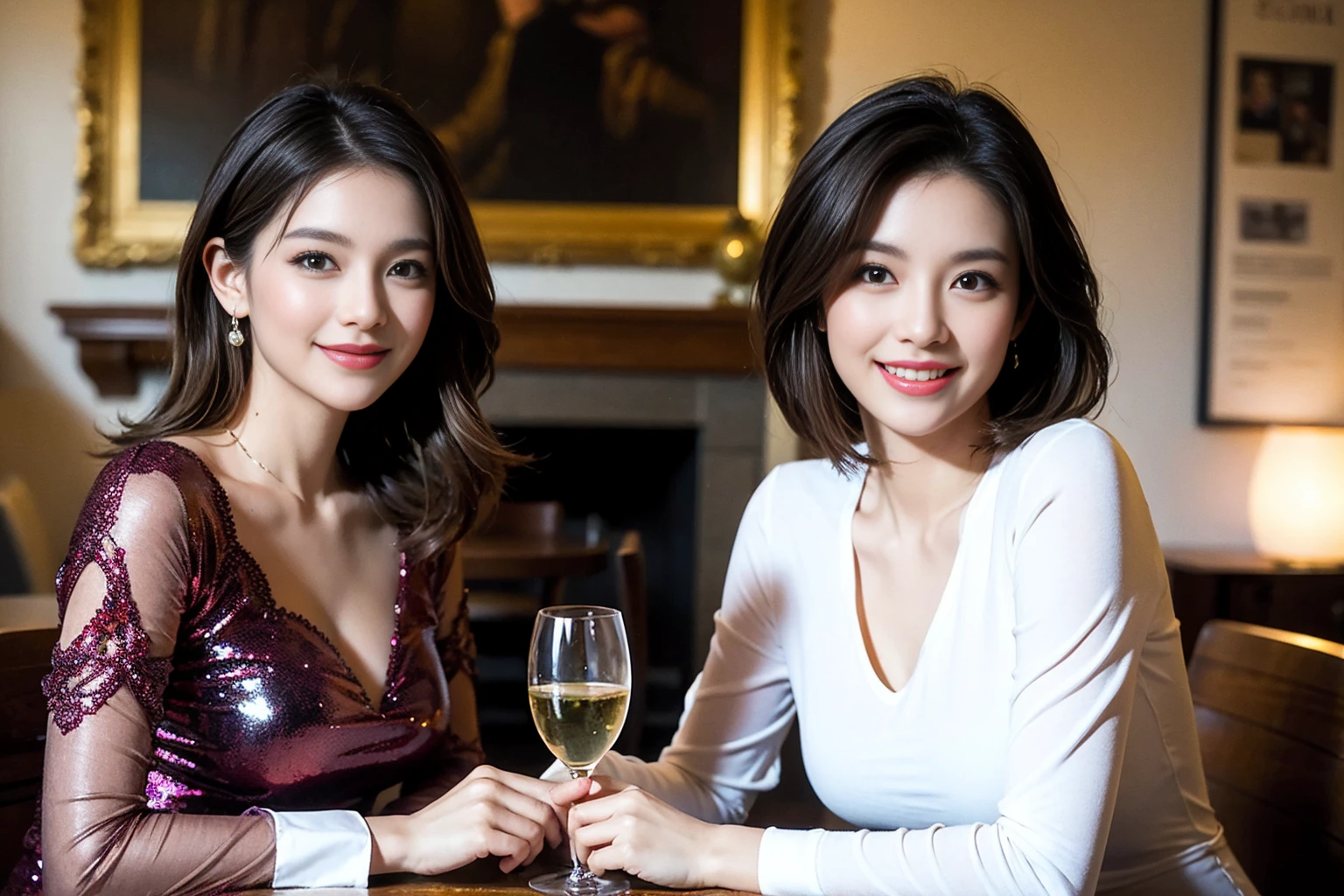 ((Highest quality、8K、masterpiece:1.3))、Shortcuts、cute、slimカップル、modelカップル、actress男優、(Realistic, Intricate details:1.2), full-course dinner、Wine Party、Amazing view of the sunset sky and clouds、A bright smile、short hair,Bright Face、 (Age 45), 42 years old, red wine 、Appetizers、Italian food、Wine bottle、Champagne、sparkling wine、Two beauties、Brown Hair、Shortcuts、Long sleeve shirt、dress、Beautiful woman 1, (slimな顔), (The body is slim), (Brown Hair), (Shortcuts), cheeks turn a little red,Attractive beauty、restaurant, In a prominent place (From the waist up) Nova Frog Style, actress, model, Upper Body, White wine, slim, wine glass, 中央に置かれたwine glass, smile, (smile: 1.15), Beautiful fine grain, Depth f/2,saturation, High Contrast, Strong light and shadow,Moist Body:1.5、3D texture、Delicate eyes、Brown Hair、The hair is very shiny、