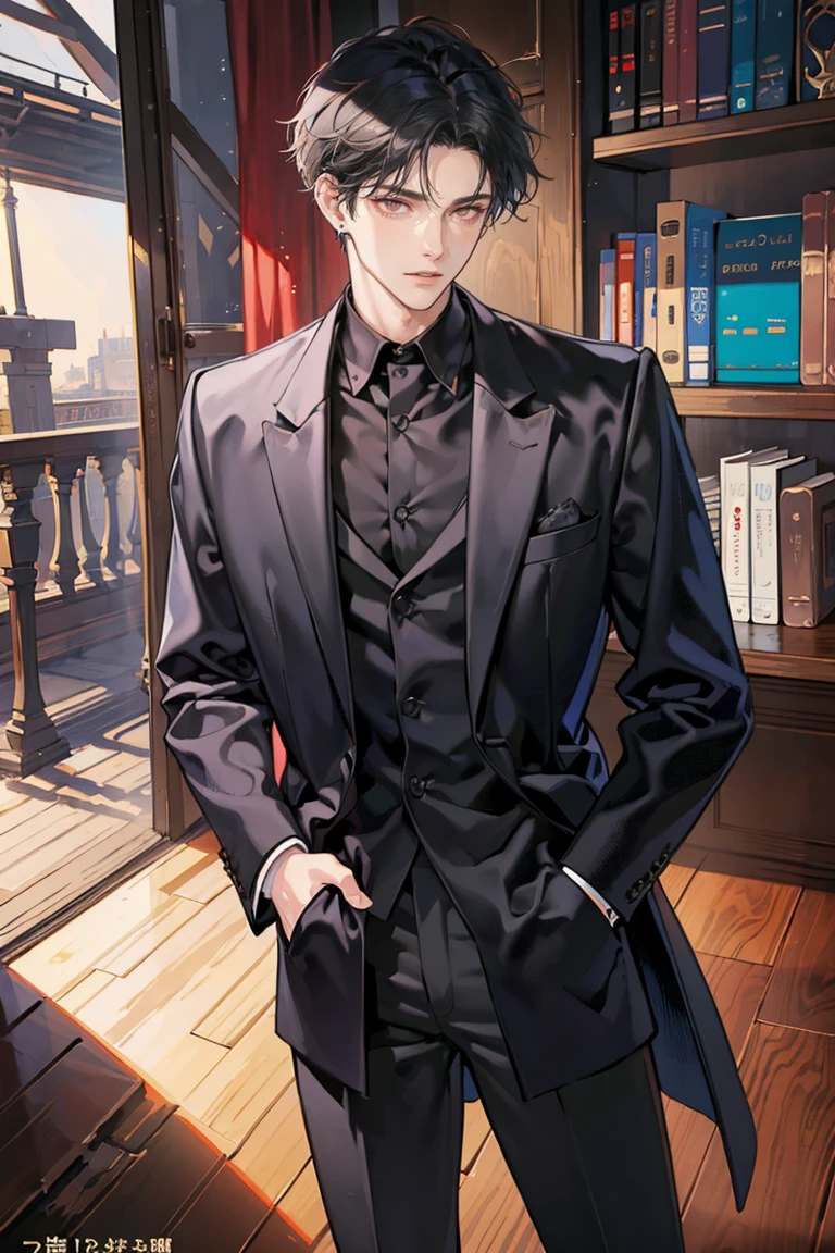 (masterpiece), best quality, seductive eyes, perfect face, handsome man, red eyes, short messy black hair, long nose, black high-school uniform , full body, extremely tall man, long legs, long calves, anime cover, 1boy, ear piercings, hands in pockets, adult-like look, bad boy, the background is a library and he's looking at the book at the top while his hands are on his pockets