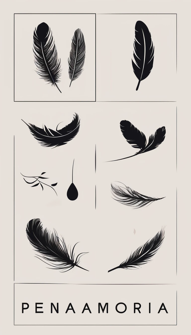 A minimal, modern, simple, cinematic logo design for the brand “Penamemoria". Create a modern, memorable, unique, minimalistic, high-quality, logo of a dreamy, fantastic, poetic feather.