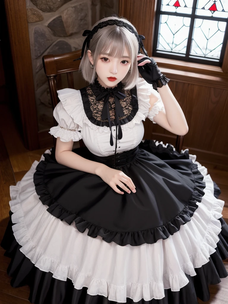 (8K, Photorealistic, Raw photo, Highest quality: 1.4),Japanese idol-style beautiful girl,model,1 person,18-year-old,(Short Bob),(Silver Hair :1.1),She has her hair tucked behind her ears,Headband,Clear grey eyes,Long eyelashes,(piercings(small)),(Lip gloss),lips(Plump,glossy),thin long neck,(gothic ta dress(Frills,Long skirt)),layer,Fishnet tights,Gothic style building,Stained Glass Background,Full body portrait