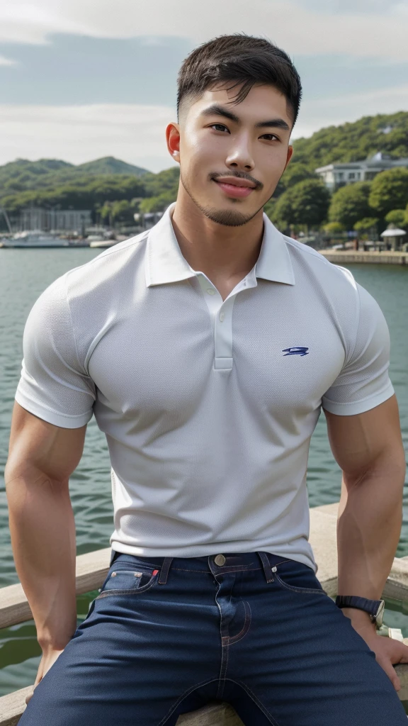 Tony Labrusca, ((realistic daylight)) , Young Korean man in a navy blue polo shirt and jeans, A handsome, muscular young Asian man looks at the camera. In a simple t-shirt blue and red , Waterfront,((look sideways))