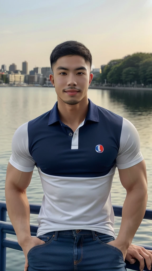 Tony Labrusca, ((realistic daylight)) , Young Korean man in a navy blue polo shirt and jeans, A handsome, muscular young Asian man looks at the camera. In a simple t-shirt blue and red , Waterfront,((look sideways))