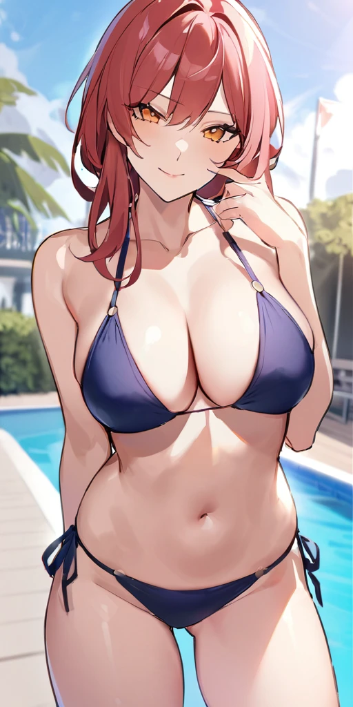 ((Hands beside the body)),((Highest quality、masterpiece:1.3))、Long legs、Sharp focus:1.2, Beautiful woman with perfect figure:1.4、(Smiling:1.2), double eyelid、30-year-old female、Sexy pose、((((One Woman、bikini)))),(((((one women,pool side:1.5)))))、((standing, cowboy shot:1.5))、