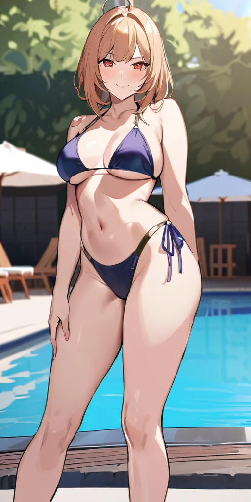 ((Hands beside the body)),((Highest quality、masterpiece:1.3))、Long legs、Sharp focus:1.2, Beautiful woman with perfect figure:1.4、(Smiling:1.2), double eyelid、30-year-old female、Sexy pose、((((One Woman、bikini)))),(((((one women,pool side:1.5)))))、((standing, cowboy shot:1.5))、