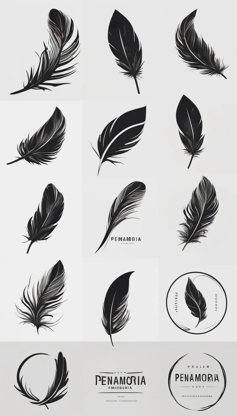 A minimal, modern, simple, cinematic logo design for the brand “Penamemoria". Create a modern, minimalistic, high-quality, logo of a bird feather