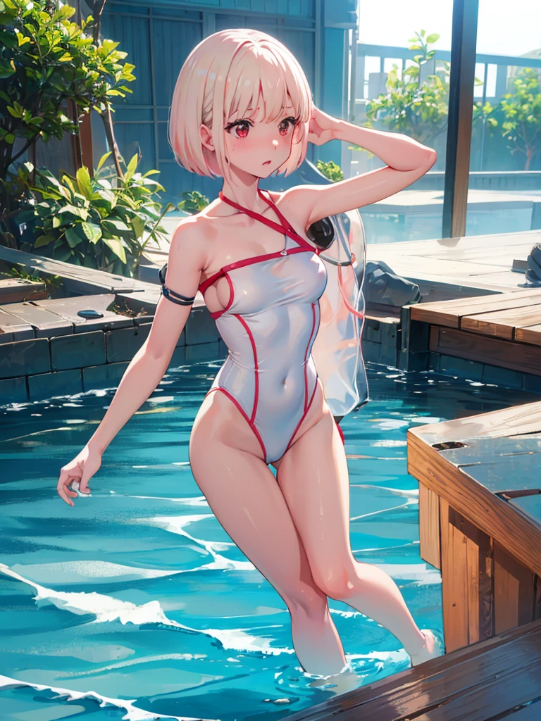 Random patterned swimsuit、,Swimsuit,Blushing、short hair、Pale red eyes、Light cream colored hair、Head to toe full body、Blushing、Embarrassed look、Composition from the front、A view from slightly below、school swimwear、Acme Face、Random pose、, 、nsfw、Highest quality、1 girl、solo、Ocean、Sandy Beach、Sexy pose、Random pose、Blushing、wet、Embarrassed、I can see half of my 、、One piece swimsuit、(Strap slip:1.3)、
