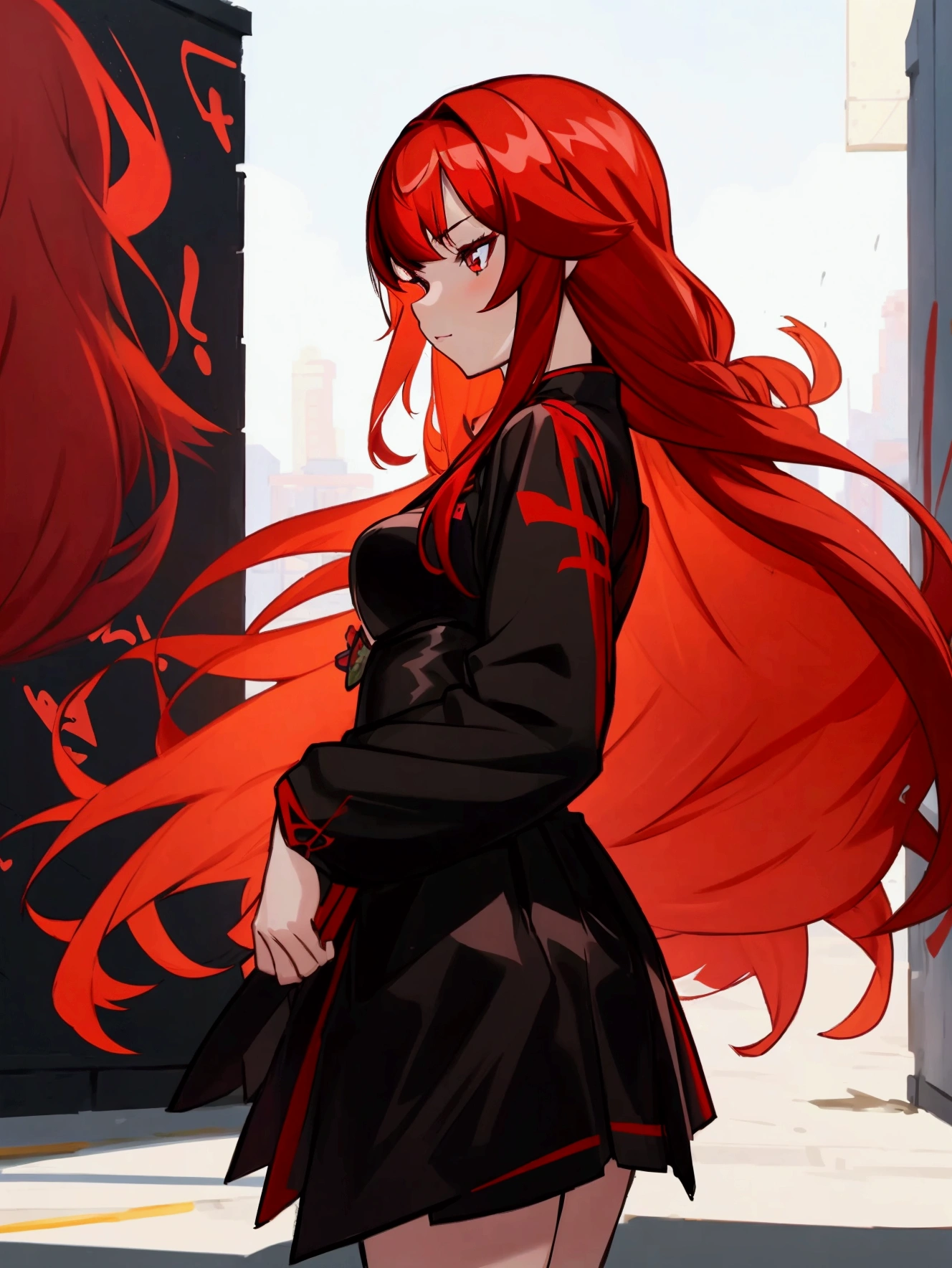 Anime girl with red hair and black skirt in front of graffiti wall, Long hair动漫女孩, She has long reddish-orange hair., Attractive anime girl, Anime girl in black dress, Beautiful anime girl, Charming anime girl, Beautiful anime woman, 红色及腰Long hair, Anime style 4k, Ilya Kuvshinov(Ilya Kuvshinov)Long hair, Red-haired goddess