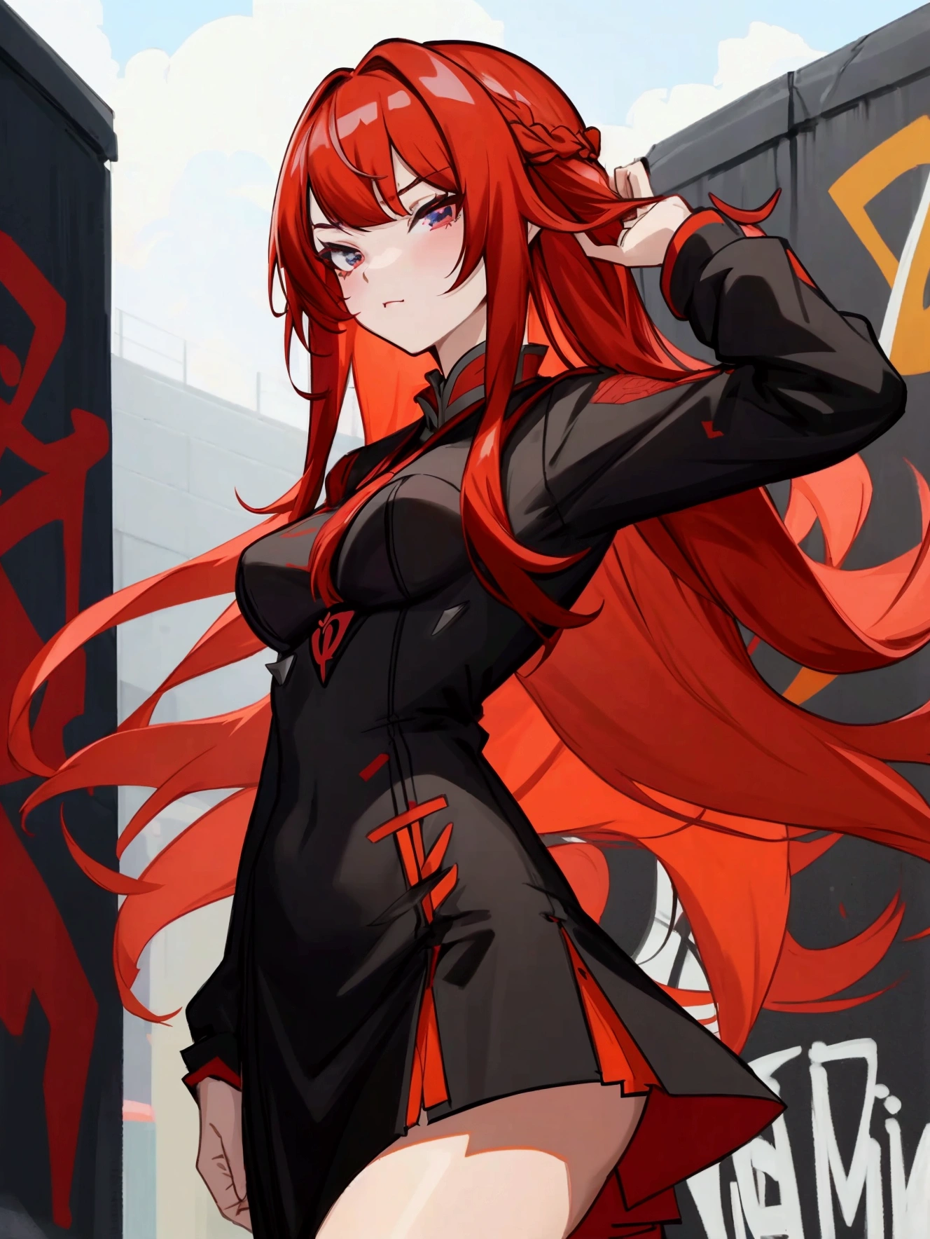 Anime girl with red hair and black skirt in front of graffiti wall, Long hair动漫女孩, She has long reddish-orange hair., Attractive anime girl, Anime girl in black dress, Beautiful anime girl, Charming anime girl, Beautiful anime woman, 红色及腰Long hair, Anime style 4k, Ilya Kuvshinov（Ilya Kuvshinov）Long hair, Red-haired goddess