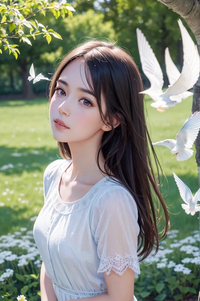 a beautiful young girl in a serene outdoor meadow, surrounded by a flock of graceful seagulls soaring against a picturesque blue sky with fluffy clouds, with a single butterfly fluttering nearby, (best quality,4k,8k,highres,masterpiece:1.2),ultra-detailed,(realistic,photorealistic,photo-realistic:1.37),vibrant colors,natural lighting,polka dot dress,blushing cheeks,peaceful expression,detailed facial features,solo figure,outdoor landscape,birds in flight