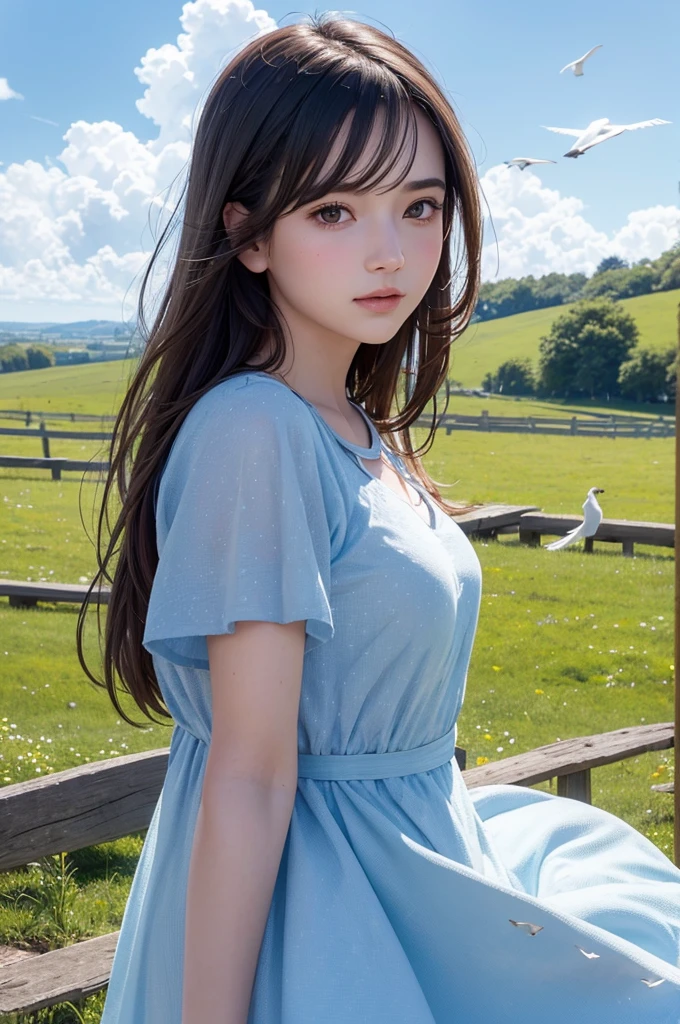 a beautiful young girl in a serene outdoor meadow, surrounded by a flock of graceful seagulls soaring against a picturesque blue sky with fluffy clouds, with a single butterfly fluttering nearby, (best quality,4k,8k,highres,masterpiece:1.2),ultra-detailed,(realistic,photorealistic,photo-realistic:1.37),vibrant colors,natural lighting,polka dot dress,blushing cheeks,peaceful expression,detailed facial features,solo figure,outdoor landscape,birds in flight