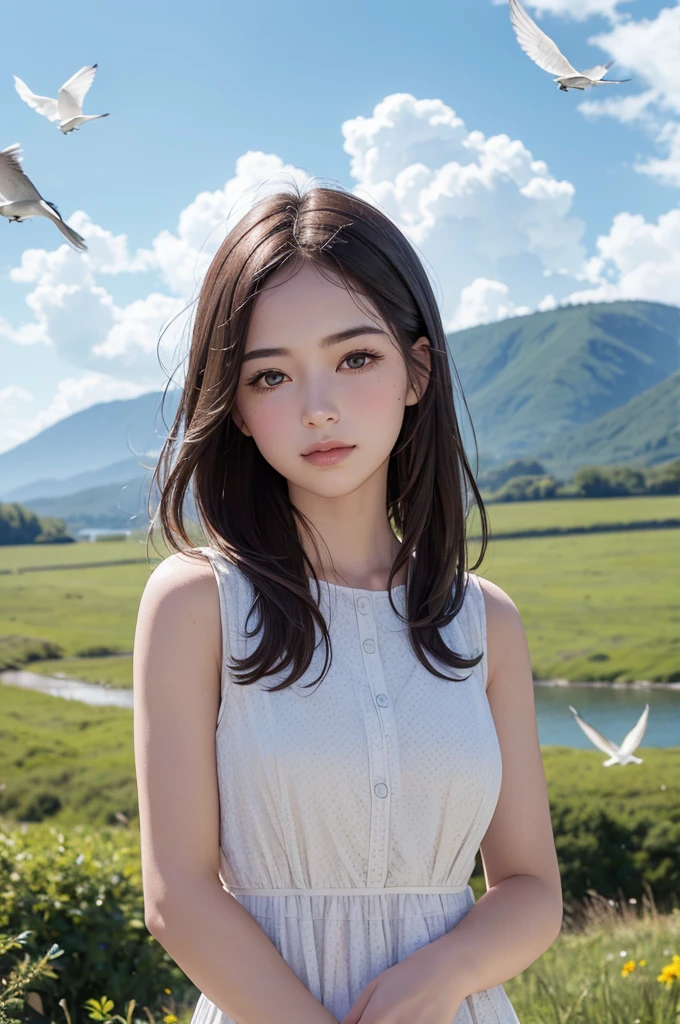 a beautiful young girl in a serene outdoor meadow, surrounded by a flock of graceful seagulls soaring against a picturesque blue sky with fluffy clouds, with a single butterfly fluttering nearby, (best quality,4k,8k,highres,masterpiece:1.2),ultra-detailed,(realistic,photorealistic,photo-realistic:1.37),vibrant colors,natural lighting,polka dot dress,blushing cheeks,peaceful expression,detailed facial features,solo figure,outdoor landscape,birds in flight