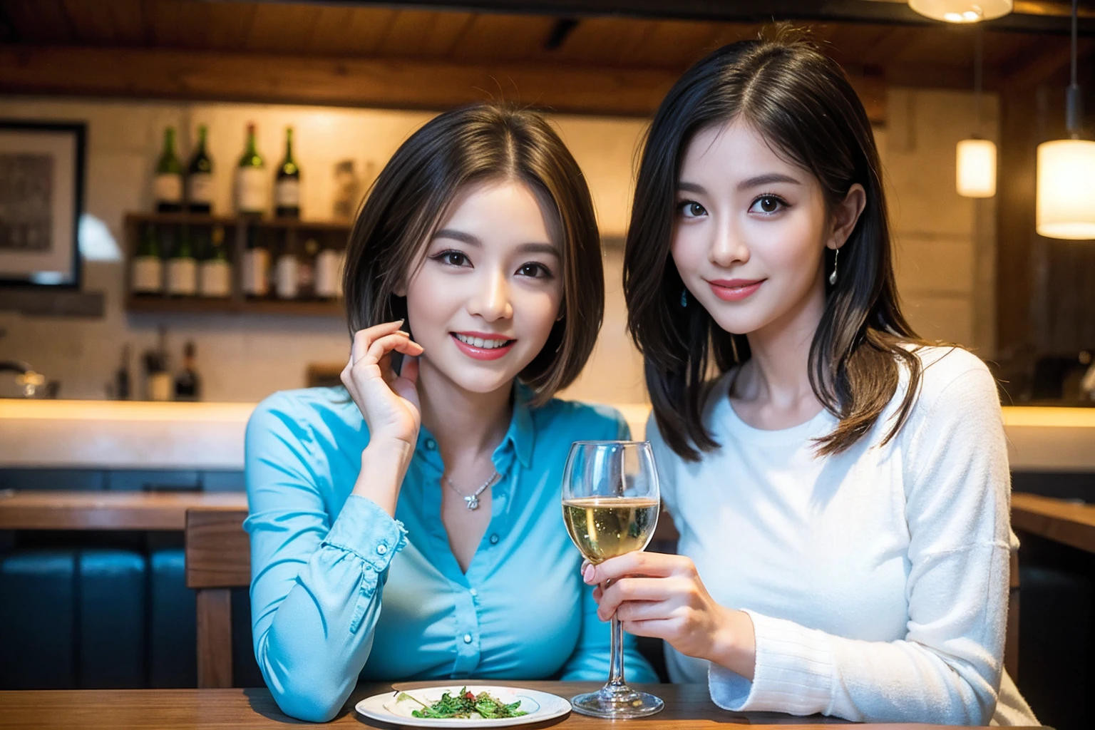 ((Highest quality、8K、masterpiece:1.3))、Shortcuts、cute、slimカップル、modelカップル、actress男優、(Realistic, Intricate details:1.2), full-course dinner、Wine Party、Amazing view of the sunset sky and clouds、A bright smile、short hair,Bright Face、 (Age 45), 42 years old, red wine 、Appetizers、Italian food、Wine bottle、Champagne、sparkling wine、Two beauties、Brown Hair、Shortcuts、Long sleeve shirt、dress、Beautiful woman 1, (slimな顔), (The body is slim), (Brown Hair), (Shortcuts), cheeks turn a little red,Attractive beauty、restaurant, In a prominent place (From the waist up) Nova Frog Style, actress, model, Upper Body, White wine, slim, wine glass, 中央に置かれたwine glass, smile, (smile: 1.15), Beautiful fine grain, Depth f/2,saturation, High Contrast, Strong light and shadow,Moist Body:1.5、3D texture、Delicate eyes、Brown Hair、The hair is very shiny、