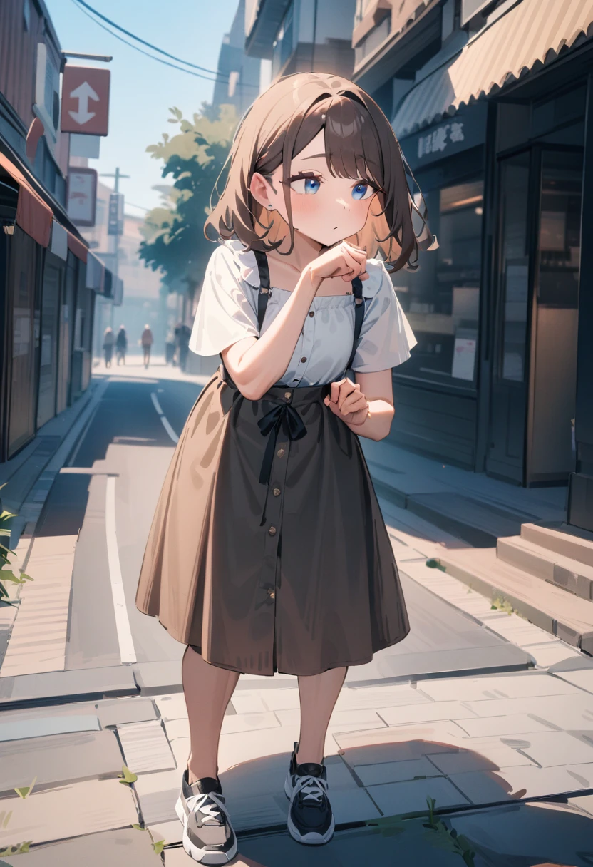 Extremely beautiful school girl, brown hair , pantie tug, covered_nipples, blue bra, blushed, [small breast], , have a school bag, noughty face, riding bicycle