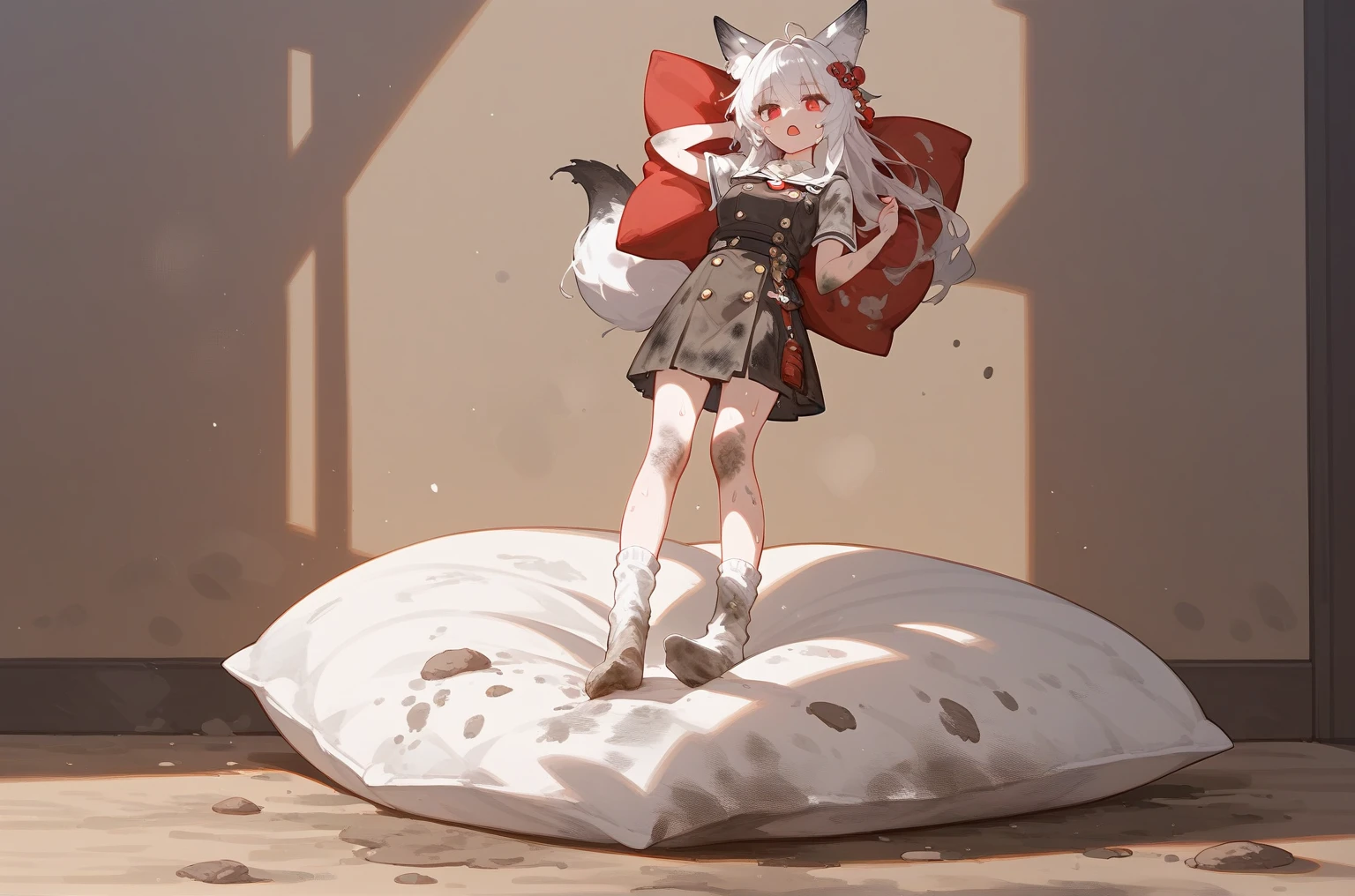 1 girl,dirty,foot,foot底,Red Eyes,breast,solitary,Long hair,White hair,,foot趾,foot部焦点,Looking at the audience,sit,Sweat,open mouth,dirty foot,Keep,indoor,Pillow,Bangs,White knee socks,Fox ears,There'foot的泥土,White clothes,kimono,Japanese style,dirtyPillow,dirty床,女孩周围堆满Pillow,女孩踩踏2着Pillow,大量Pillow,Pillow上肮脏,,(Deluxe Rococo Canopy King Bed),On a big and spacious bed,(),,,,Luxurious curtains with ornate ruffles and ribbons surround the bed,((((There are many pillows piled on the bed)))),Detail of Quilt,Detailed bed sheets,女孩踩在Pillow上
