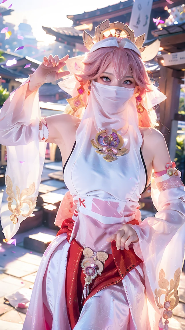 (Extremely detailed CG Unity 8K wallpaper, masterpiece, best quality), (ulzzang-6500-v1.1:0.4) 1 Girl, Korean Idol, Yae Miko, Separate sleeves, Pink Hair, Long hair, ,Long skirt,best quality, (Reality:1.2), (Hair accessories:1.35), Jewelry, Fox ears, Wearing a veil, (White Veil, Silk veil:1.2), Purple Eyes, earrings,, Delicate face, Face Focus, (Looking at the audience:1.25), Glowing skin, Long sleeve, Cowboy shooting, Dynamic poses, (Bend forward, Show your armpits, Sexy pose:1.3), Game CG, High Leg Raise, East Asian Architecture, Solid color background, whole body, Elegant Posture, Concentrated expression, Ambient Lighting