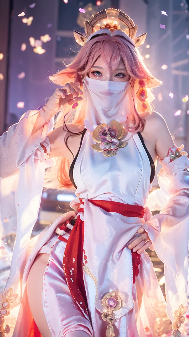 (Extremely detailed CG Unity 8K wallpaper, masterpiece, best quality), (ulzzang-6500-v1.1:0.4) 1 Girl, Korean Idol, Yae Miko, Separate sleeves, Pink Hair, Long hair, ，Long skirt，best quality, (Reality:1.2), (Hair accessories:1.35), Jewelry, Fox ears, Wearing a veil, (White Veil, Silk veil:1.2), Purple Eyes, earrings,, Delicate face, Face Focus, (Looking at the audience:1.25), Glowing skin, Long sleeve, Cowboy shooting, Dynamic poses, (Bend forward, Show your armpits, Sexy pose:1.3), Game CG, High Leg Raise, East Asian Architecture, Solid color background, whole body,  Elegant Posture, Concentrated expression, Ambient Lighting