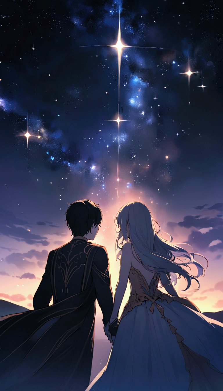 "Beyond the galaxy, a loved one resides, symbolizing the vast distance between two hearts. Despite the distance, it holds no significance as the bond remains strong. Underneath a starry sky, someone gazes up, filled with thoughts of their loved one. A glowing message travels across the night sky, representing the love and connection that transcends any physical separation. The scene is serene, romantic, and filled with a sense of longing and hope."