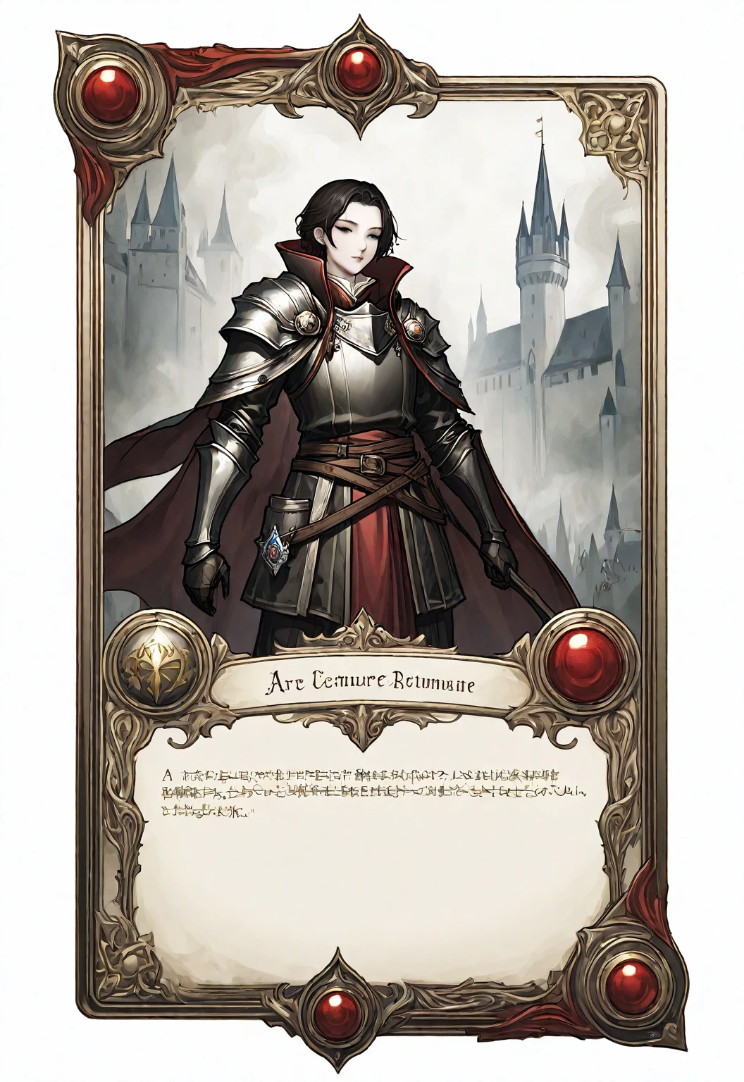 A card border UI，Medieval European fantasy style，Suspense style，Profile Style。Leave a square blank space in the middle，Parchment backing。Black and White、yellowish、Dark red main color，Black undertone。