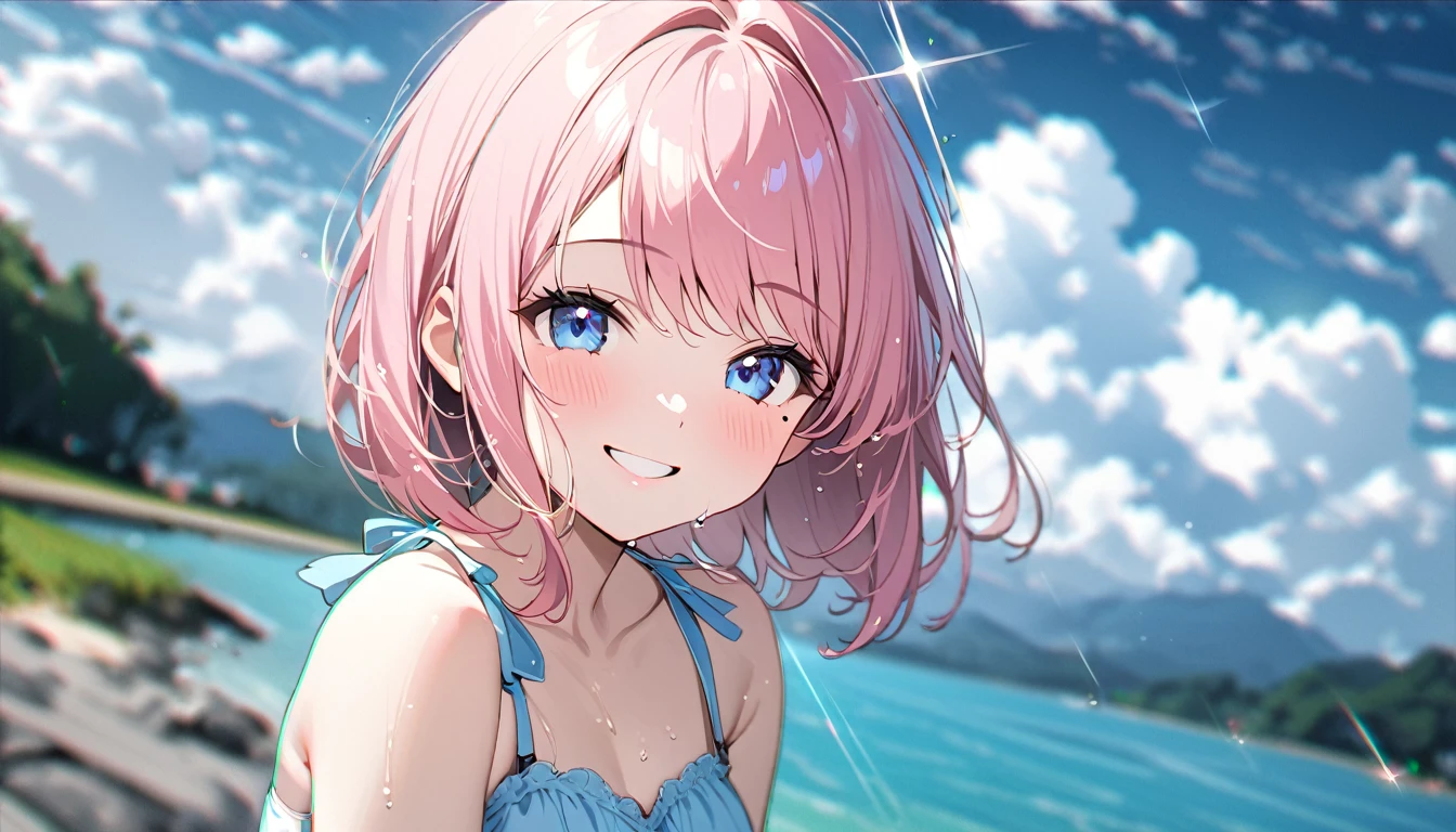 (1 girl),(Best Picture Quality, 8K, Masterpiece:1.3), (high school student:1.5), ((pink lob hair:1.1)), (bob cut),(swept bangs), (cute eyes, pupil black, iris skyblue, youthful face), (mole under right eye), (standard weight), (small breasts), (glistening skin:1.1),(pale skin:1.2),(sundress),((Gyaru fashion:1.3)),(wet:1.1),(blue sky, blurry, blurry background, chromatic aberration, cloud, cloudy sky, day, depth of field, glint, outdoors, sky),(magnificent view),(smile).