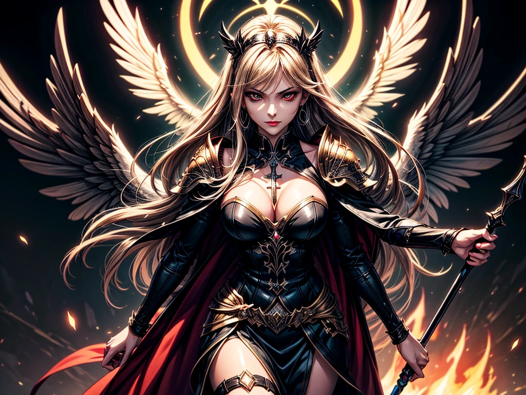 In the middle of the burning battlefield filled with broken swords and dead sodiers stand beatiful female fallen angel with black wings , she have beautiful face her eyes is golden yellow she have dark red lipstick and black eyeshadows she have piersing ring on her lip and cross shaped earrings on her ears her hair golden blond with black highlights with a blood red halo above her head, she dressed in sexy black leather armor with long skirt and black highheels boots with betal parts she have mystic symbols tattoo on her shouders, in her hand she holding long spear, (ultra high quality fantasy art, ghothic dark fantasy style, masterpiece, ultra high quality character design, 8k quality anime art, realistic anime art, top quality wallpaper illustration, detailed ultra high quality accurate face, high quality design and accurate physic)