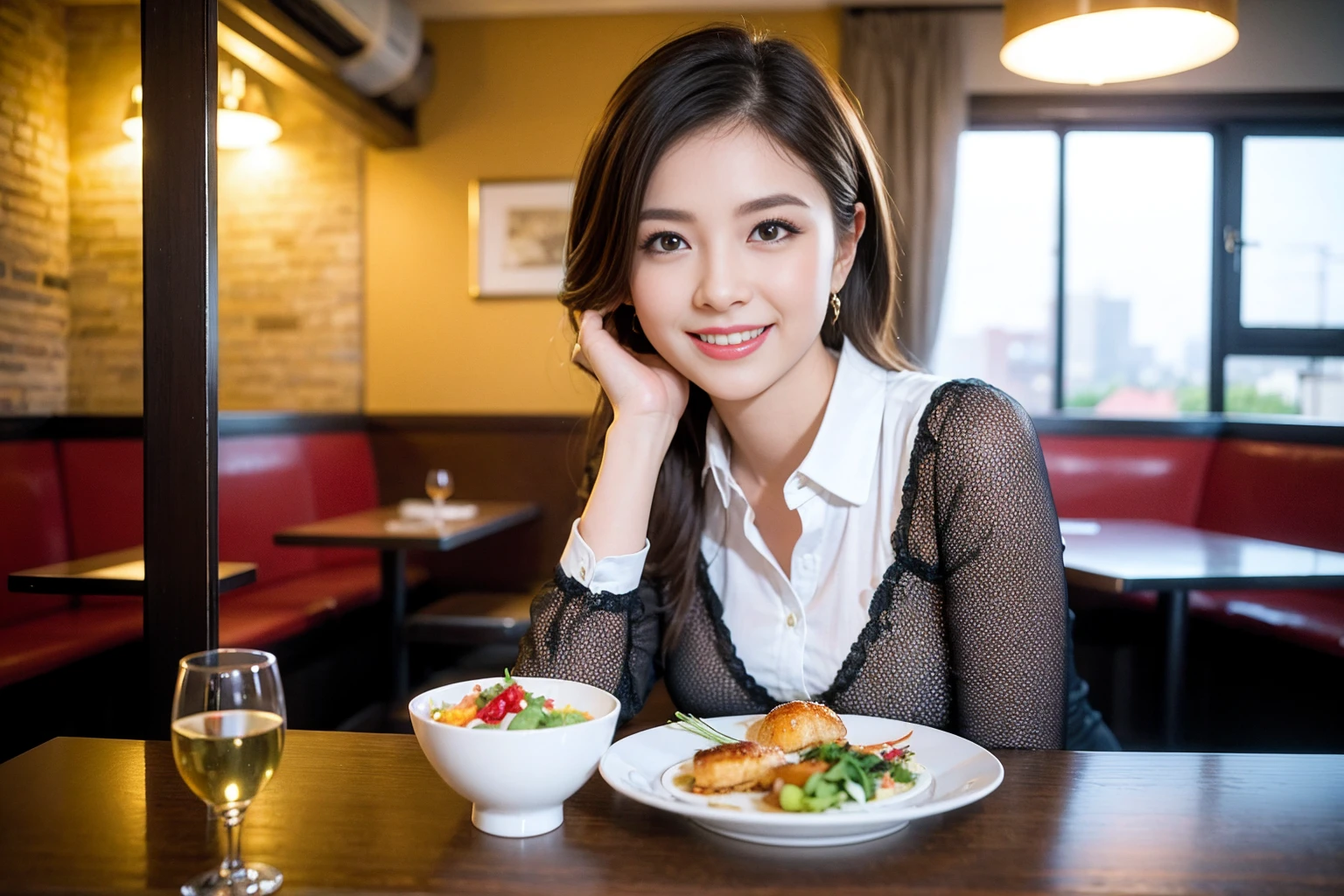 ((Highest quality、8K、masterpiece:1.3))、Shortcuts、cute、slimカップル、modelカップル、actress??、(Realistic, Intricate details:1.2), full-course dinner、Wine Party、Amazing view of the sunset sky and clouds、A bright smile、short hair,Bright Face、45 years old), 42 years old, red wine 、Appetizers、Italian food、Wine bottle、Champagne、sparkling wine、Two beauties、Brown Hair、Shortcuts、Long sleeve shirt、dress、Beautiful woman 1, (slimな顔), (The body is slim), (Brown Hair), (Shortcuts), cheeks turn a little red,Attractive beauty、restaurant, In a prominent place (From the waist up) Nova Frog Style, actress, model, Upper Body, White wine, slim, wine glass, 中央に置かれたwine glass, smile, (smile: 1.15), Beautiful fine grain, Depth f/2,saturation, High Contrast, Strong light and shadow,Moist Body:1.5、3D texture、Delicate eyes、Brown Hair、The hair is very shiny、