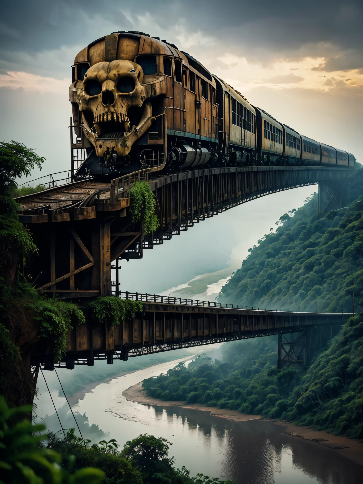 a rusty long train with a lion skull, in the amazon jungle, on the highest cliff, fog, details, hyperrealistic, 16k