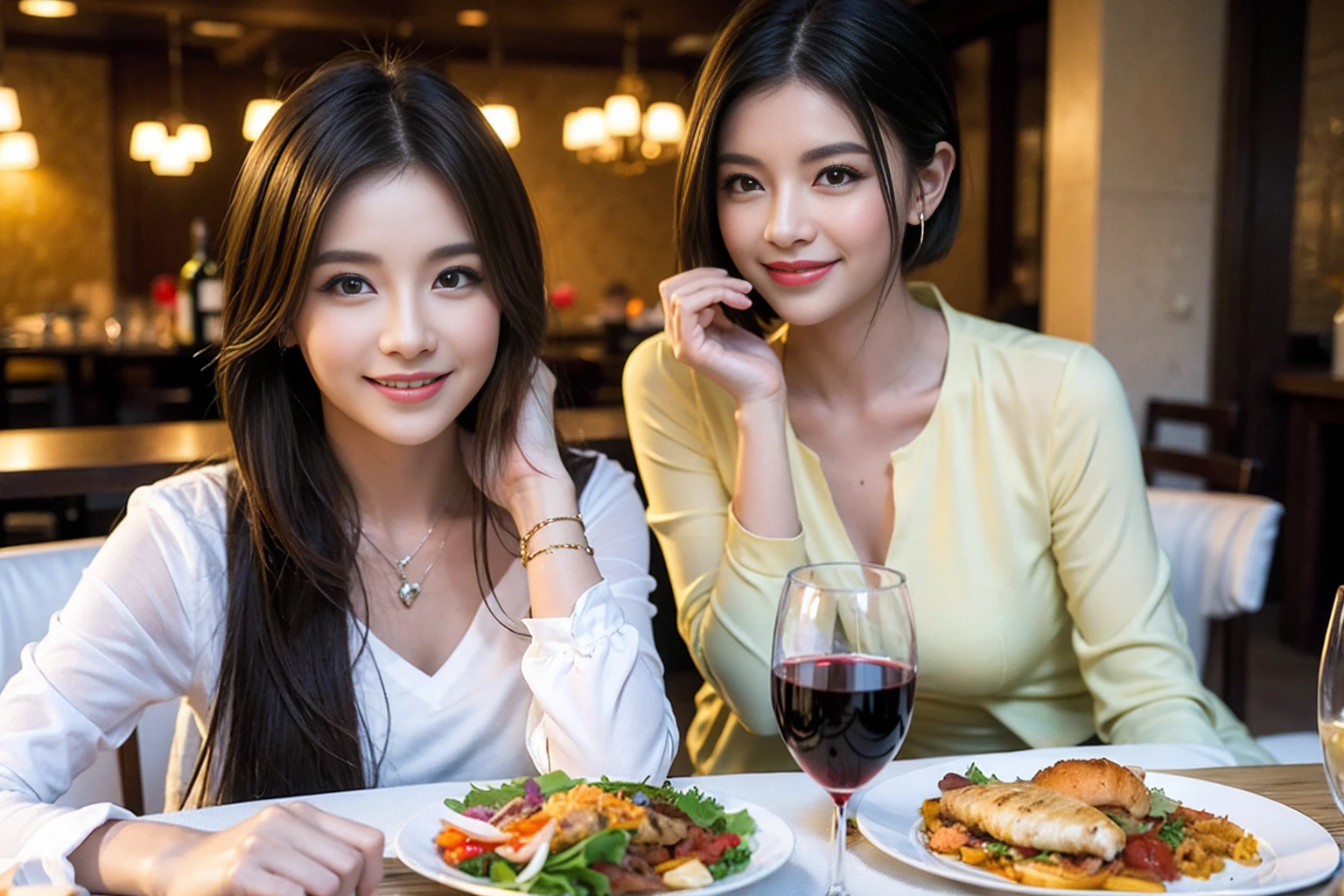 ((Highest quality、8K、masterpiece:1.3))、Shortcuts、cute、slimカップル、modelカップル、actress男優、(Realistic, Intricate details:1.2), full-course dinner、Wine Party、Amazing view of the sunset sky and clouds、A bright smile、short hair,Bright Face、 (Age 45), 42 years old, red wine 、Appetizers、Italian food、Wine bottle、Champagne、sparkling wine、Two beauties、Brown Hair、Shortcuts、Long sleeve shirt、dress、Beautiful woman 1, (slimな顔), (The body is slim), (Brown Hair), (Shortcuts), cheeks turn a little red,Attractive beauty、restaurant, In a prominent place (From the waist up) Nova Frog Style, actress, model, Upper Body, White wine, slim, wine glass, 中央に置かれたwine glass, smile, (smile: 1.15), Beautiful fine grain, Depth f/2,saturation, High Contrast, Strong light and shadow,Moist Body:1.5、3D texture、Delicate eyes、Brown Hair、The hair is very shiny、