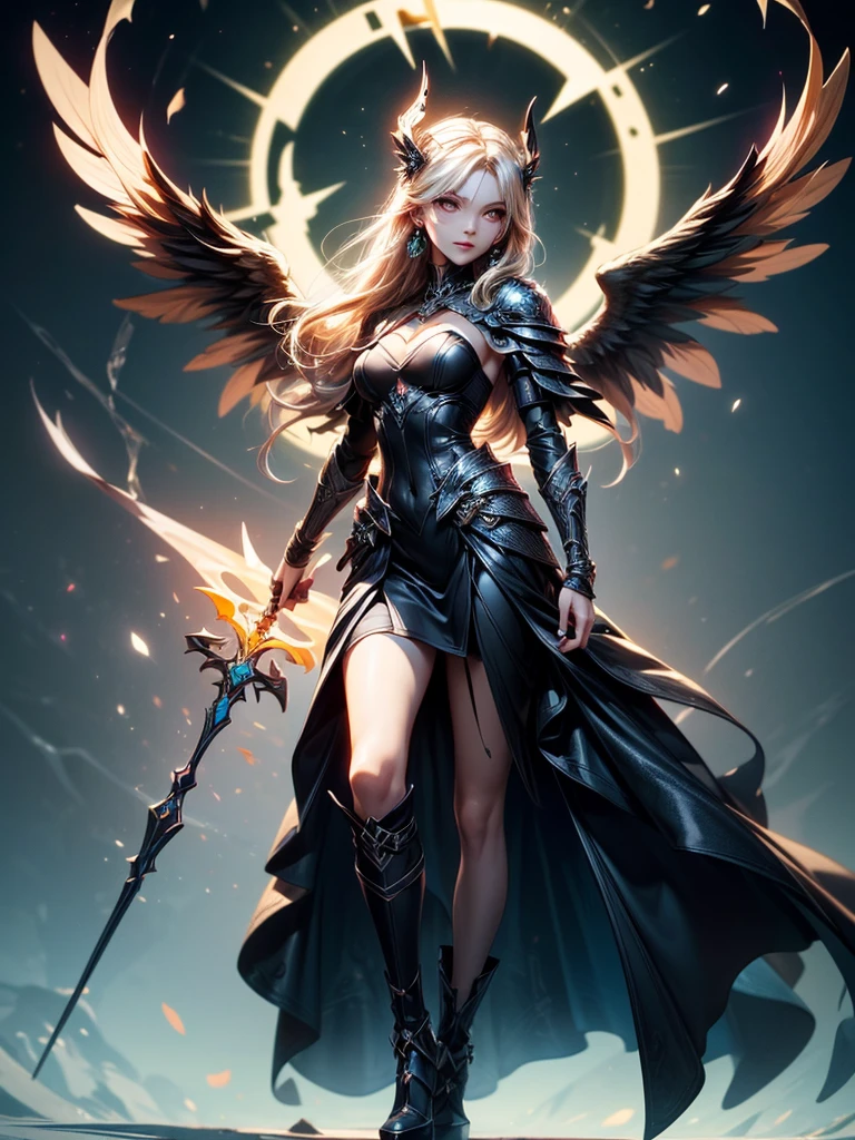 In the middle of the burning battlefield filled with broken swords and dead sodiers stand beatiful female fallen angel with black wings , she have beautiful face her eyes is golden yellow she have dark red lipstick and black eyeshadows she have piersing ring on her lip and cross shaped earrings on her ears her hair golden blond with black highlights with a blood red halo above her head, she dressed in sexy black leather armor with long skirt and black highheels boots with betal parts she have mystic symbols tattoo on her shouders, in her hand she holding long spear, (ultra high quality fantasy art, ghothic dark fantasy style, masterpiece, ultra high quality character design, 8k quality anime art, realistic anime art, top quality wallpaper illustration, detailed ultra high quality accurate face, high quality design and accurate physic)