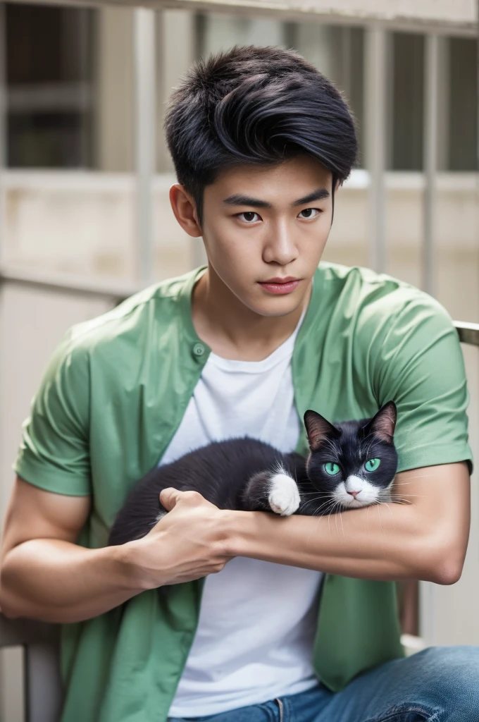 ((realistic daylight)) , Young Korean man in only a green t-shirt, no pattern. (Denim coat) Jeans, A handsome, muscular young Asian man looks at the camera. In a simple t-shirt blue and red , holding a cute cat ,turn sideways