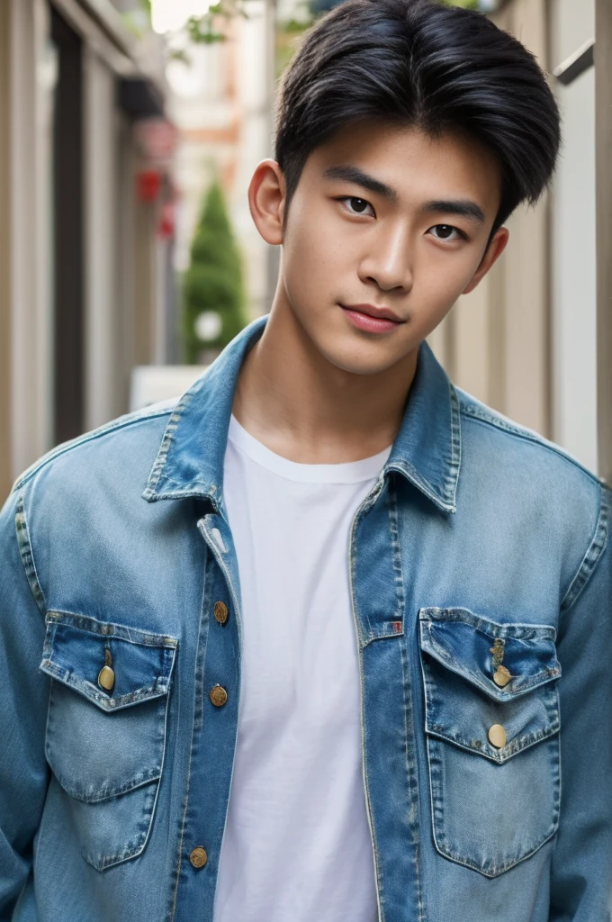 ((realistic daylight)) , Young Korean man in only a green t-shirt, no pattern. (Denim coat) Jeans, A handsome, muscular young Asian man looks at the camera. In a simple t-shirt blue and red , holding a cute cat ,turn sideways