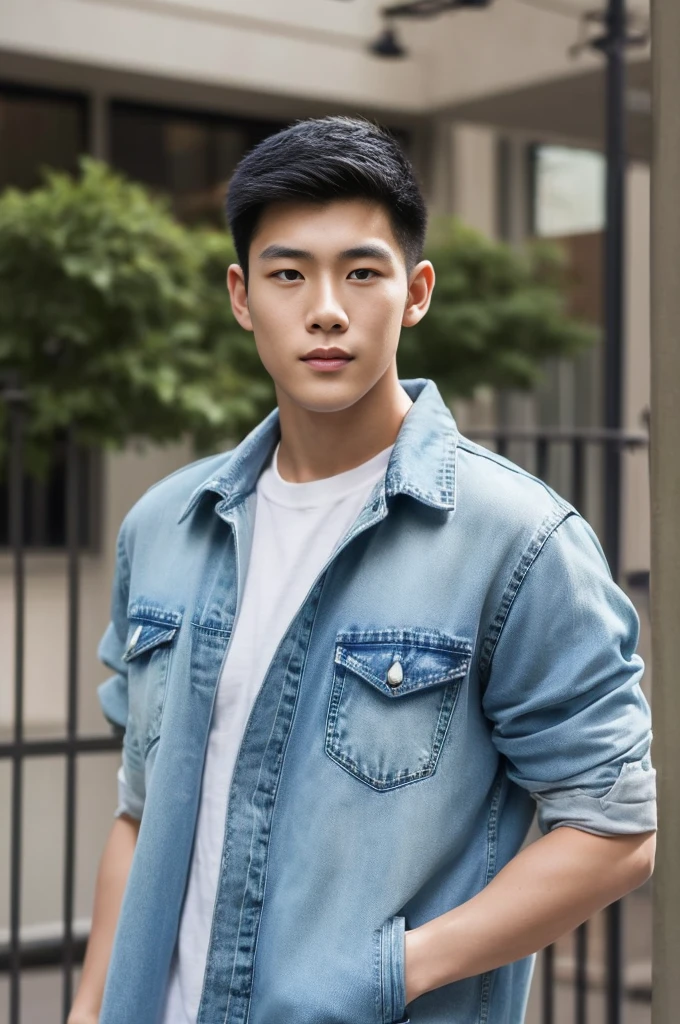 ((realistic daylight)) , Young Korean man in only a green t-shirt, no pattern. (Denim coat) Jeans, A handsome, muscular young Asian man looks at the camera. In a simple t-shirt blue and red , holding a cute cat ,turn sideways