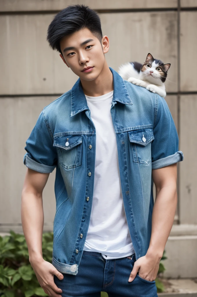 ((realistic daylight)) , Young Korean man in only a green t-shirt, no pattern. (Denim coat)  Jeans, A handsome, muscular young Asian man looks at the camera. In a simple t-shirt blue and red , holding a cute cat ,turn sideways