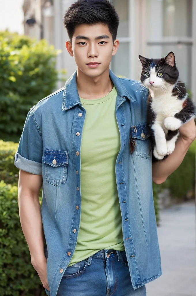((realistic daylight)) , Young Korean man in only a green t-shirt, no pattern. (Denim coat) Jeans, A handsome, muscular young Asian man looks at the camera. In a simple t-shirt blue and red , holding a cute cat ,turn sideways