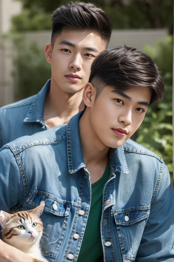 ((realistic daylight)) , Young Korean man in only a green t-shirt, no pattern. (Denim coat) Jeans, A handsome, muscular young Asian man looks at the camera. In a simple t-shirt blue and red , holding a cute cat ,turn sideways