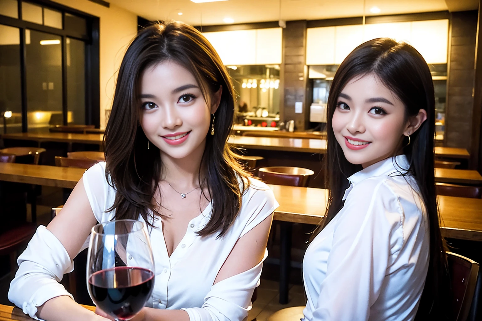((Highest quality、8K、masterpiece:1.3))、Shortcuts、cute、slimカップル、modelカップル、actress男優、(Realistic, Intricate details:1.2), full-course dinner、Wine Party、Amazing view of the sunset sky and clouds、A bright smile、short hair,Bright Face、 (Age 45), 42 years old, red wine 、Appetizers、Italian food、Wine bottle、Champagne、sparkling wine、Two beauties、Brown Hair、Shortcuts、Long sleeve shirt、dress、Beautiful woman 1, (slimな顔), (The body is slim), (Brown Hair), (Shortcuts), cheeks turn a little red,Attractive beauty、restaurant, In a prominent place (From the waist up) Nova Frog Style, actress, model, Upper Body, White wine, slim, wine glass, 中央に置かれたwine glass, smile, (smile: 1.15), Beautiful fine grain, Depth f/2,saturation, High Contrast, Strong light and shadow,Moist Body:1.5、3D texture、Delicate eyes、Brown Hair、The hair is very shiny、