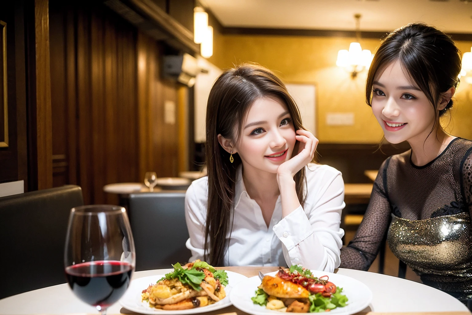 ((Highest quality、8K、masterpiece:1.hortcuts、cute、slimカップル、modelカップル、actress男優、(Realistic, Intricate details:1.2), full-course dinner、Wine Partying view of the sunset sky and clouds、A bright smile、short hair,Bright Face、 (Age 45), 4rs old, red wine 、Appetizers、Italian food、Wine bottle、Champagne、sparkling wine、Two beauties、Brown Hair、Shortcuts、Long sleeve shirt、dress、Beautiful woman 1, (slimな顔), (The body is slim), (Brown Hair), (Shortcuts), cheeks turn a little red,Attractive beauty、restaurant, In a prominent place (From the waist up) Nova Frog Style, actress, model, Upper Body, White wine, slim, wine glass, 中央に置かれたwine glass, smile, (smile: 1.15), Beautiful fine grain, Depth f/2,saturation, High Contrast, Strong light and shadow,Moist Body:1.5、3D texture、Delicate eyes、Brown Hair、The hair is very shiny、