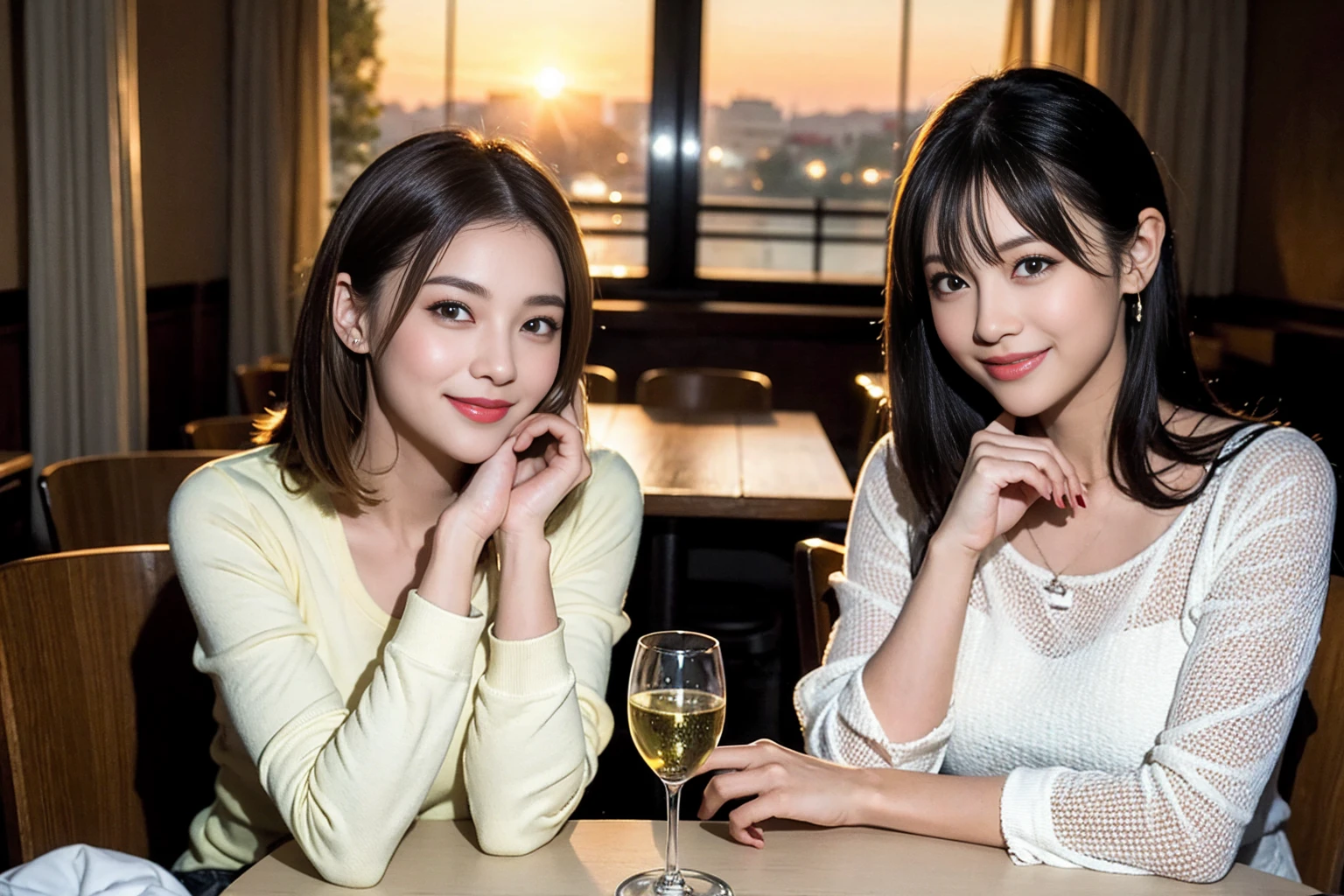 ((Highest quality、8K、masterpiece:1.3))、Shortcuts、cute、slimカップル、modelカップル、actress男優、(Realistic, Intricate details:1.2), full-course dinner、Wine Party、Amazing view of the sunset sky and clouds、A bright smile、short hair,Bright Face、 (Age 45), 42 years old, red wine 、Appetizers、Italian food、Wine bottle、Champagne、sparkling wine、Two beauties、Brown Hair、Shortcuts、Long sleeve shirt、dress、Beautiful woman 1, (slimな顔), (The body is slim), (Brown Hair), (Shortcuts), cheeks turn a little red,Attractive beauty、restaurant, In a prominent place (From the waist up) Nova Frog Style, actress, model, Upper Body, White wine, slim, wine glass, 中央に置かれたwine glass, smile, (smile: 1.15), Beautiful fine grain, Depth f/2,saturation, High Contrast, Strong light and shadow,Moist Body:1.5、3D texture、Delicate eyes、Brown Hair、The hair is very shiny、