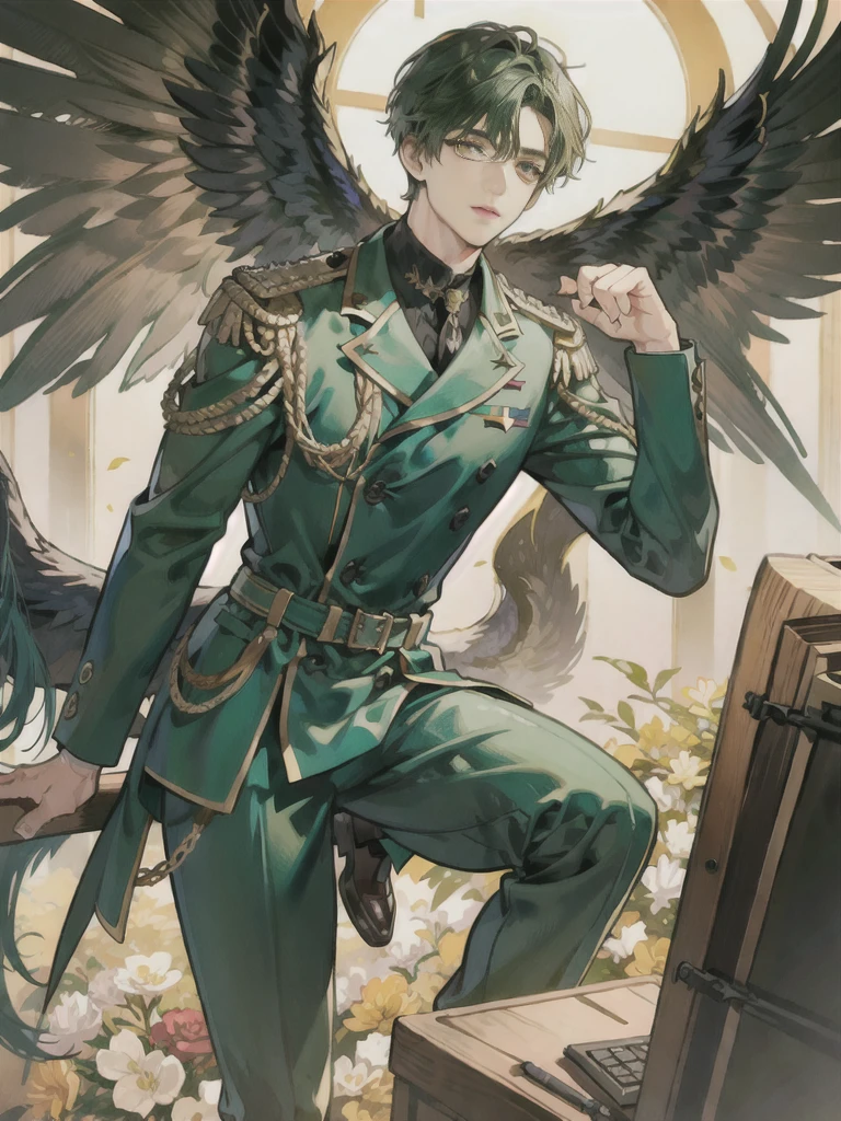 1boy, dark green hair, yellow eyes, double-breasted military jacket, crossdressing, fighter