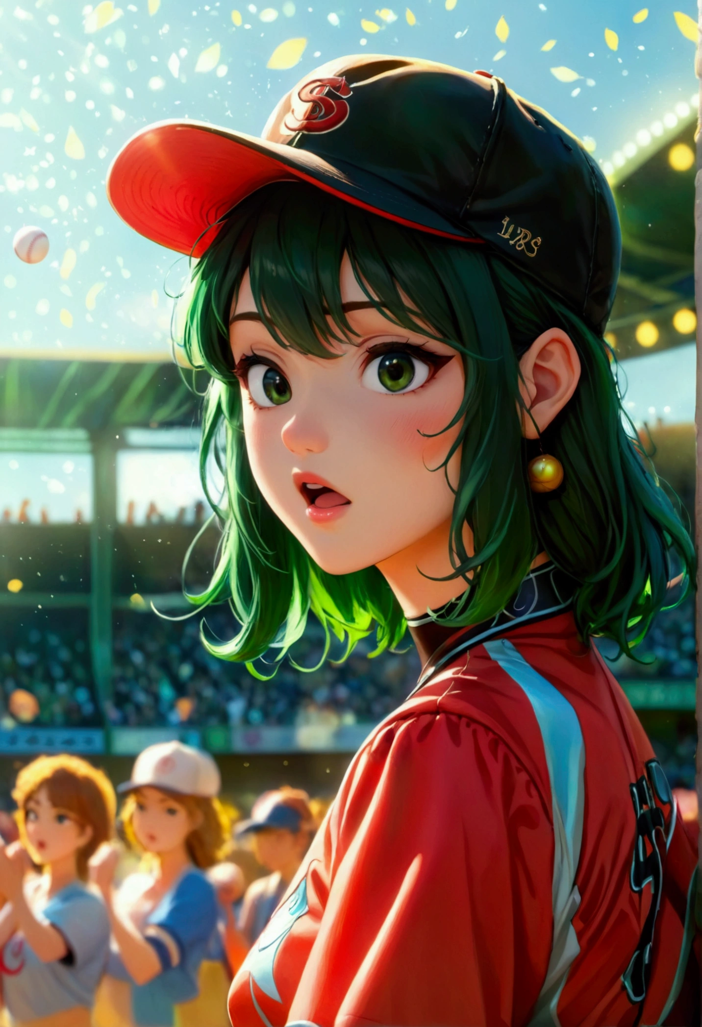 A beautiful Japanese woman (Tatsumaki,black dress, green hair) in a baseball cap pitching a ball, dynamic pitching pose, crowd cheering in the background, bokeh effect, anime style, highly detailed, intricate, vibrant colors, cinematic lighting, photorealistic, masterpiece, (show her entire body, show all of her, show her entire body)
