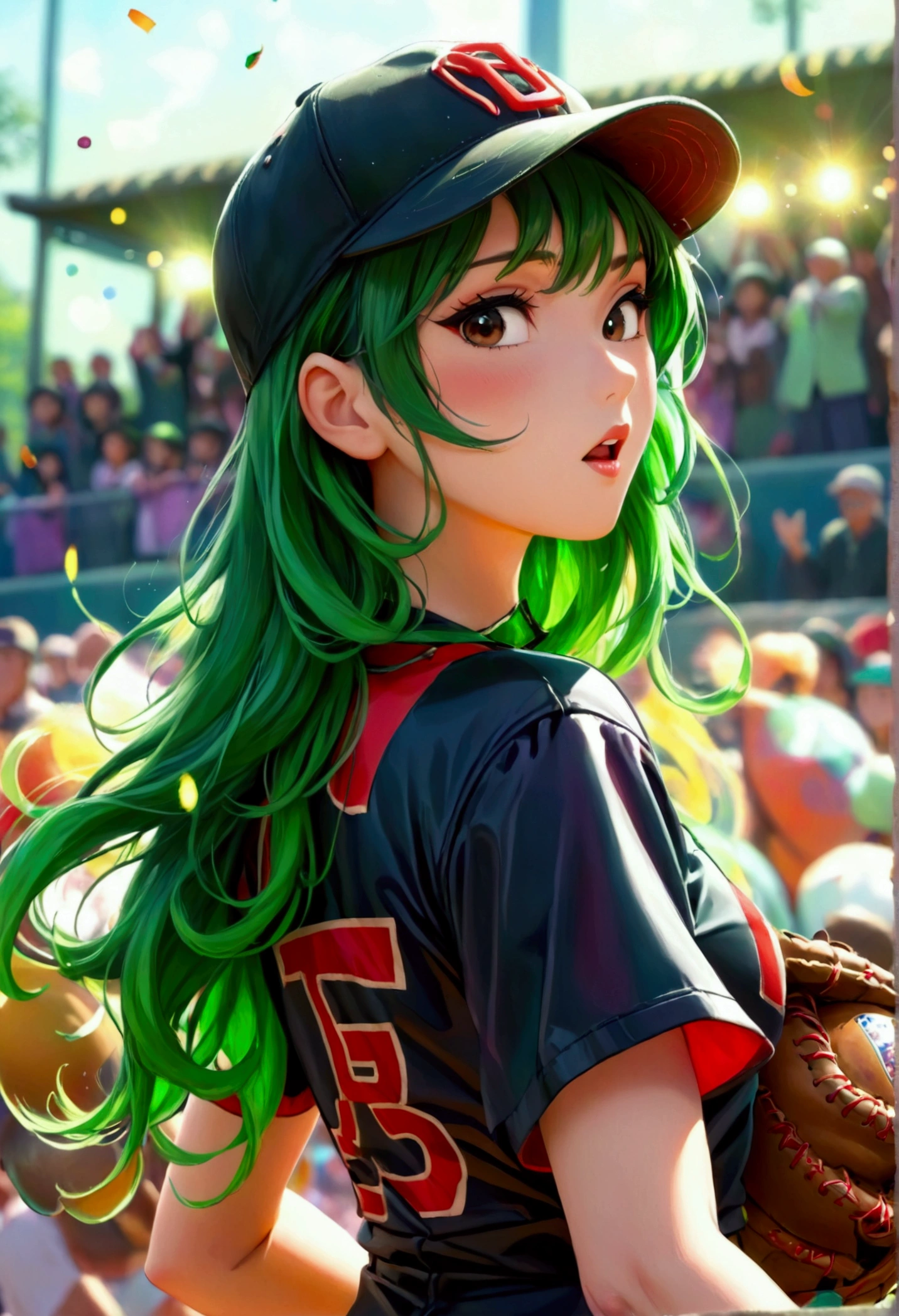 A beautiful Japanese woman (Tatsumaki,black dress, green hair) in a baseball cap pitching a ball, dynamic pitching pose, crowd cheering in the background, bokeh effect, anime style, highly detailed, intricate, vibrant colors, cinematic lighting, photorealistic, masterpiece, (show her entire body, show all of her, show her entire body)
