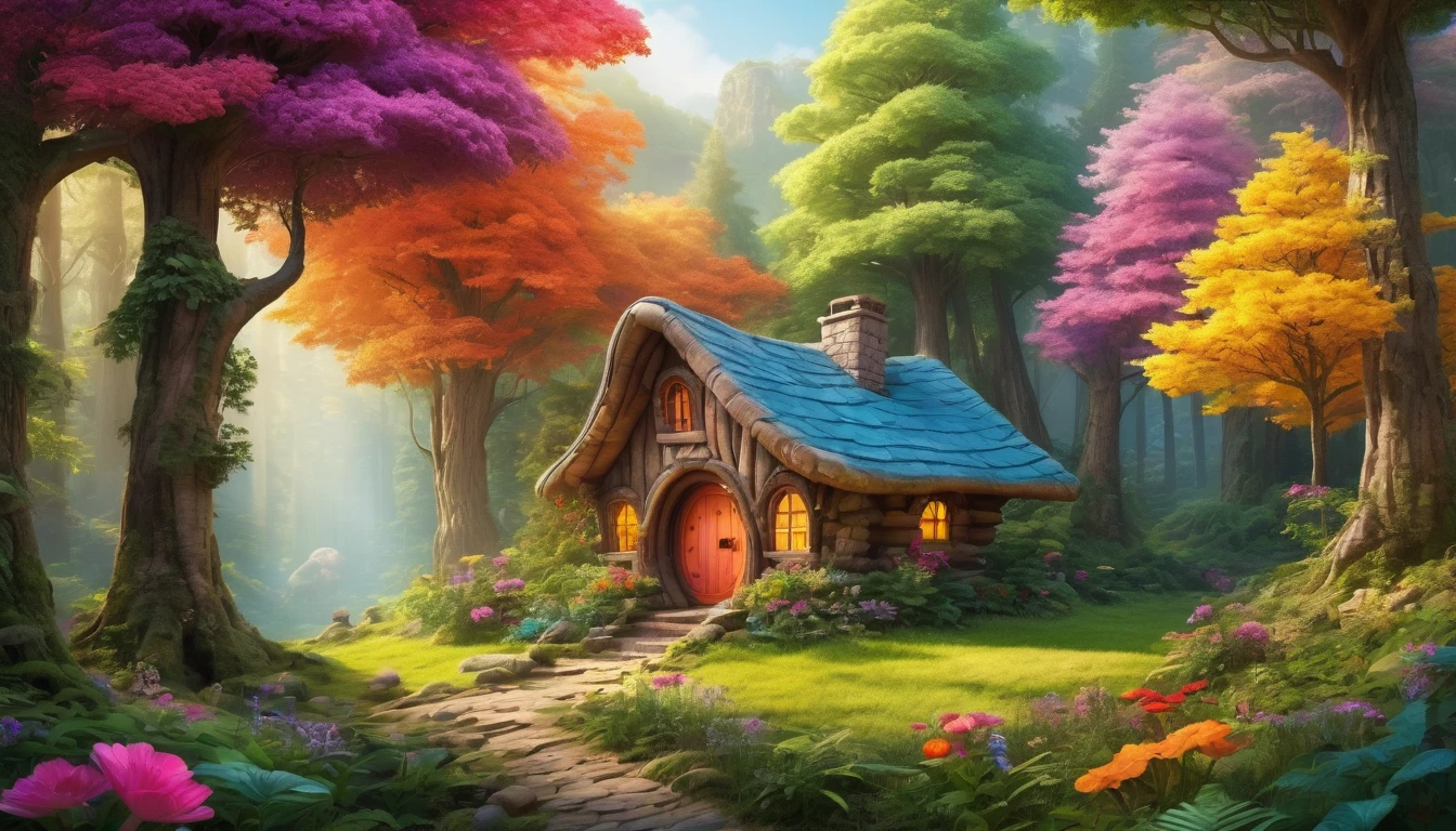 (Mysterious fantasy forest, Dense trees, A strange and cute little tree:1.5), Cabin in the middle of the forest, Vividly depicted in the work (Best quality, 8K, Advanced resolution, Masterpiece:1.2), With ultra-detailed detail (1.4x realism, Photorealistic:1.37). This dream forest is made up of bright colors, bathed in the warm glow of the sun, creating a cheerful and whimsical atmosphere. The cabin is designed with great attention to detail, with a complex design and unique architecture, similar to a mushroom-shaped house. (This fantastic forest is surrounded by lush greenery and colorful flowers), elevating a captivating and magical environment. The artwork showcases an illustrative style, inspired by children's book illustrations, ensuring a glamorous and nostalgic touch. The color palette consists of bright rainbow colors, seven colors, evoking feelings of joy and playfulness. Lighting accentuates the picturesque scene, with soft and warm shadows adding depth and warmth to the artwork. Every detail is impeccably presented, creating a visually stunning masterpiece, capturing the essence of the fantasy forest.